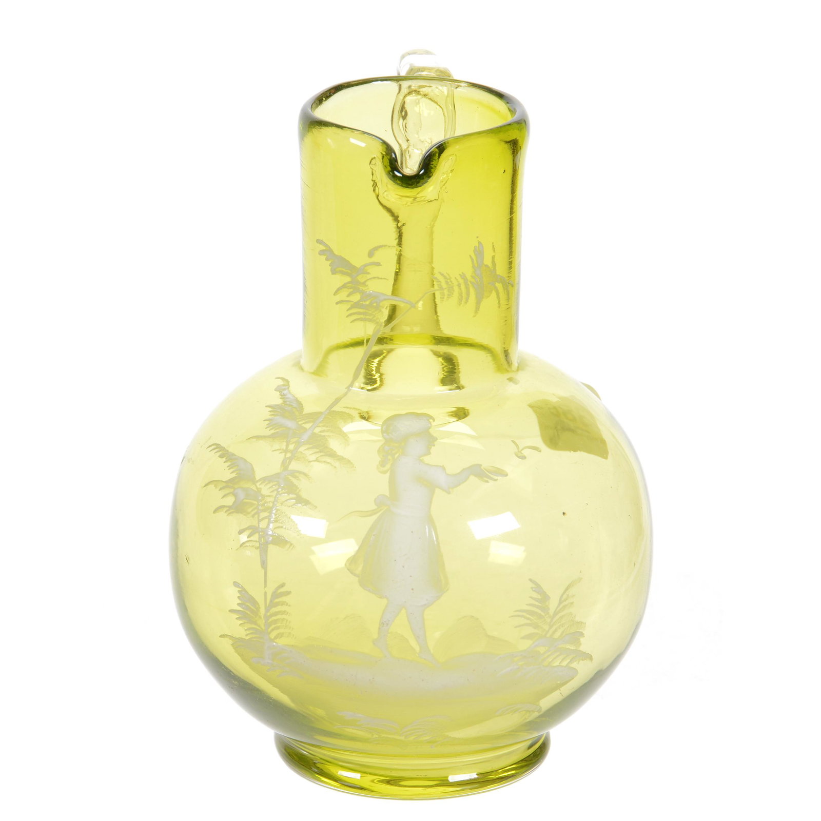 Pitcher, Green Art Glass, Mary Gregory Decor: Pitcher, Green Art Glass, Mary Gregory Decor, 5.5", Private Estate from Central Illinois