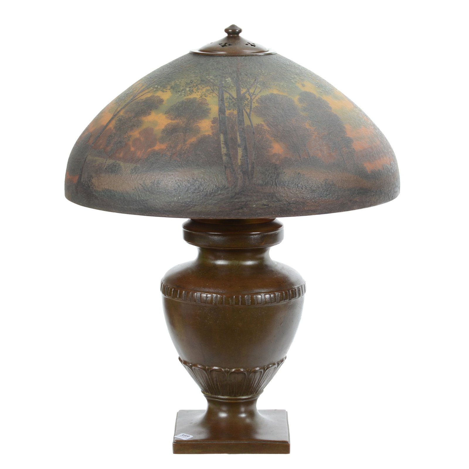 Table Lamp Signed Handel, Reverse Painted Shade: Table Lamp Signed Handel, Reverse Painted Shade, 22.5" x 18", Chipped Ice Domical Shade, Beautiful Landscape Scenic Decor, Bronze Metal Base in Urn Form, Base is Featured on Page 67 of Handel Lamps by