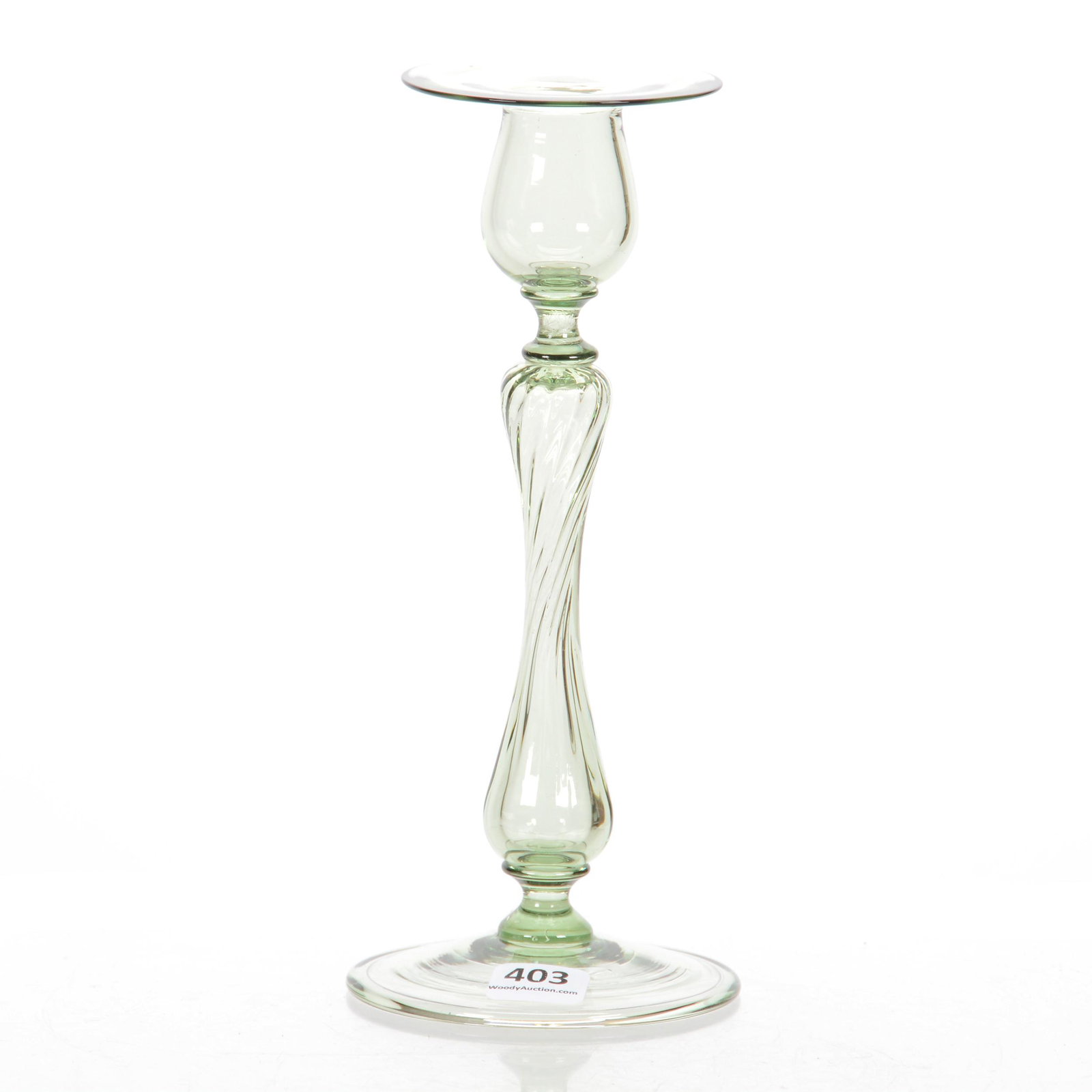 Candlestick by Steuben, Spanish Green: Candlestick by Steuben, Spanish Green, 8.25", Ribbed Optic Design, The Estate of Les Hamilton