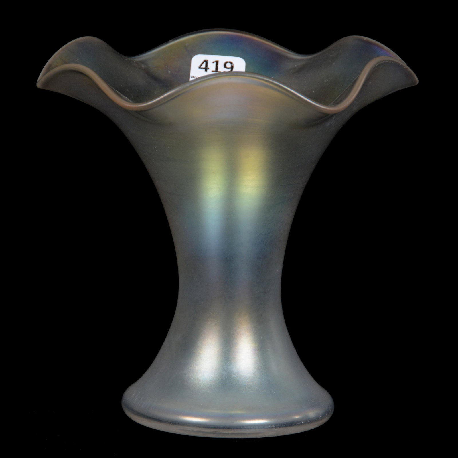 Vase, Unmarked Steuben Verre De Soie: Vase, Unmarked Steuben Verre De Soie, 6" x 6", Ruffled Rim, The Estate of Les Hamilton