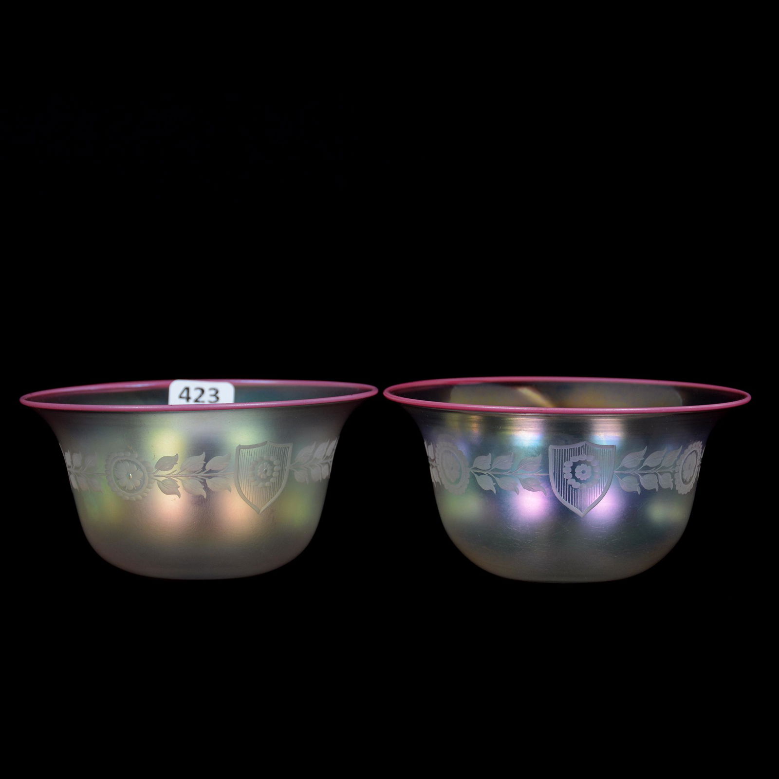 2 Finger Bowls-Steuben Verre De Soie-Rose duBarry Trim: Pair Finger Bowls, Steuben Verre De Soie, Pink du Barry Trim, 2.5" x 4.5", Engraved Floral Wreath, Shield and Medallion Design, The Estate of Les Hamilton. UPDATED 10-8-20: Corrected color. UPDATED 10