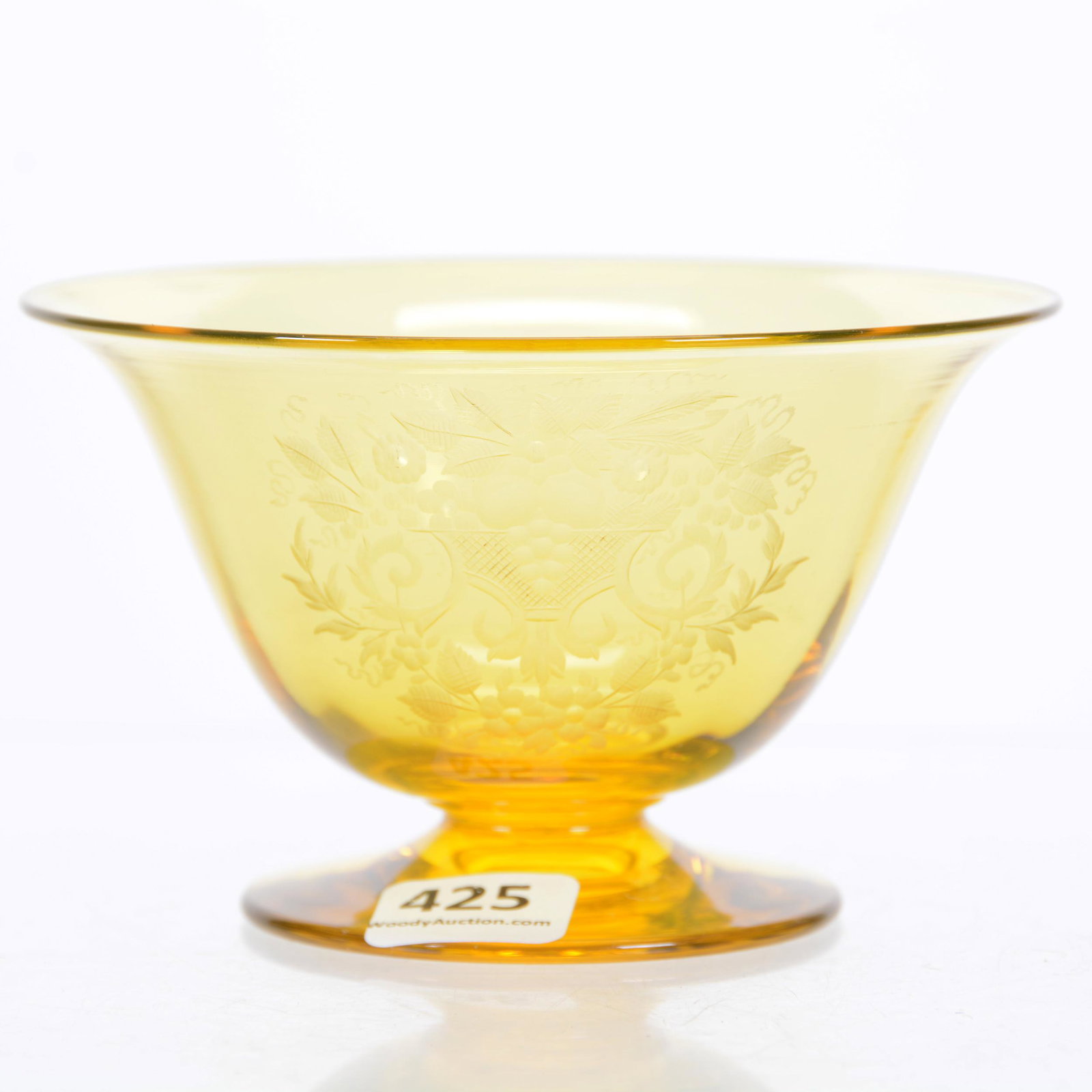 Footed Bowl, Steuben, Yellow: Footed Bowl, Steuben, Yellow, 2.75" x 4.5", Engraved Fruit and Garland Decor, The Estate of Les Hamilton