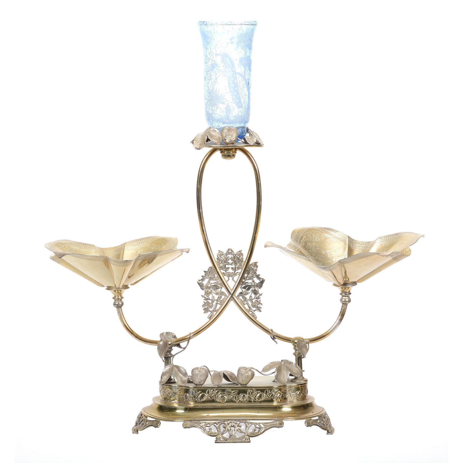 Victorian Centerpiece: Victorian Centerpiece, 26.5" x 25", Elaborate Two Bowl Silverplate Stand Marked Wilcox #0964, Strawberry Vine Highlights, the Two Bowls have Floral Butterfly and Bird Engraving, Removeable Blue Art Gl