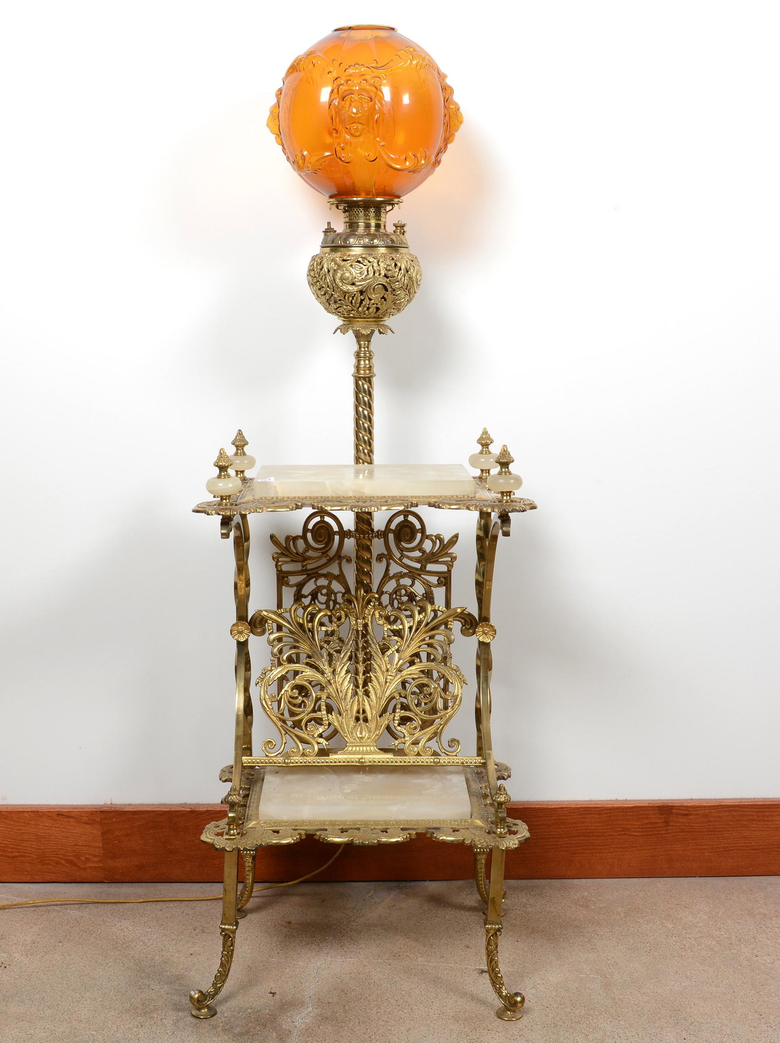 Organ Lamp with Fern Stand, Brass & Marble: Organ Lamp with Fern Stand, Brass & Marble, 56" x 18.5", Beautiful Two Tier, Attached Organ Lamp with Amber Embossed Lion Head Art Glass Shade, Nice Quality, Private Estate from Central Illinois. UPDA