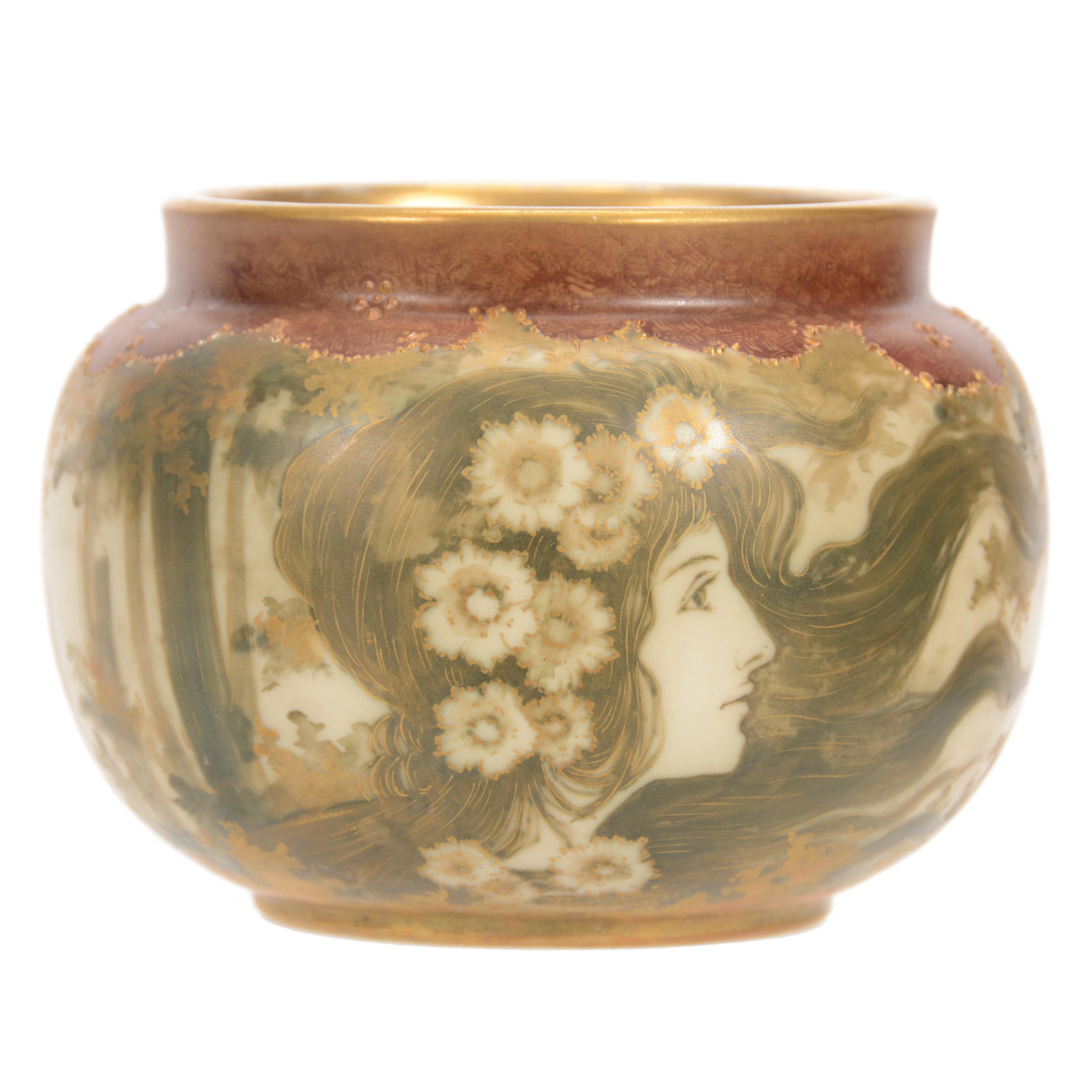 Vase Marked Teplitz Amphora: Vase Marked Teplitz Amphora, 4" x 5", Cream Tones with Art Nouveau Woman and Green Trees Decor, John Lolley Estate, Monroe, LA. The majority of Mr. Lolley's collection was marked with a museum labelin
