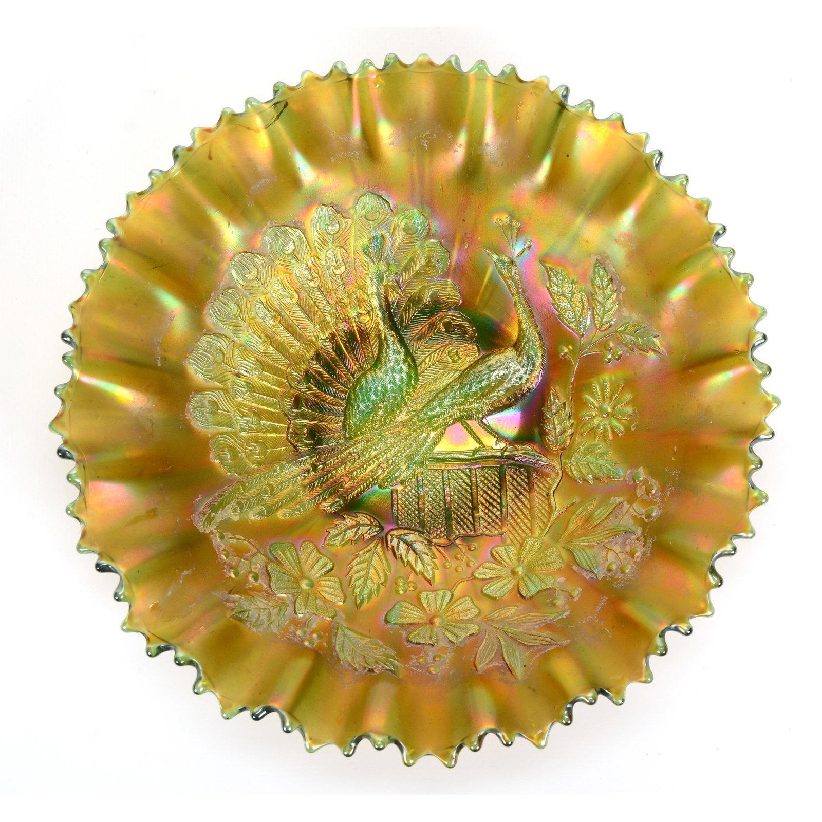 Carnival Glass Bowl, Peacocks on Fence by Northwood: Carnival Glass Bowl, Peacocks on Fence by Northwood, 8.75", Green, Pie Crust Edge, Ribbed Exterior, John Lolley Estate, Monroe, LA. The majority of Mr. Lolley's collection was marked with a museum lab