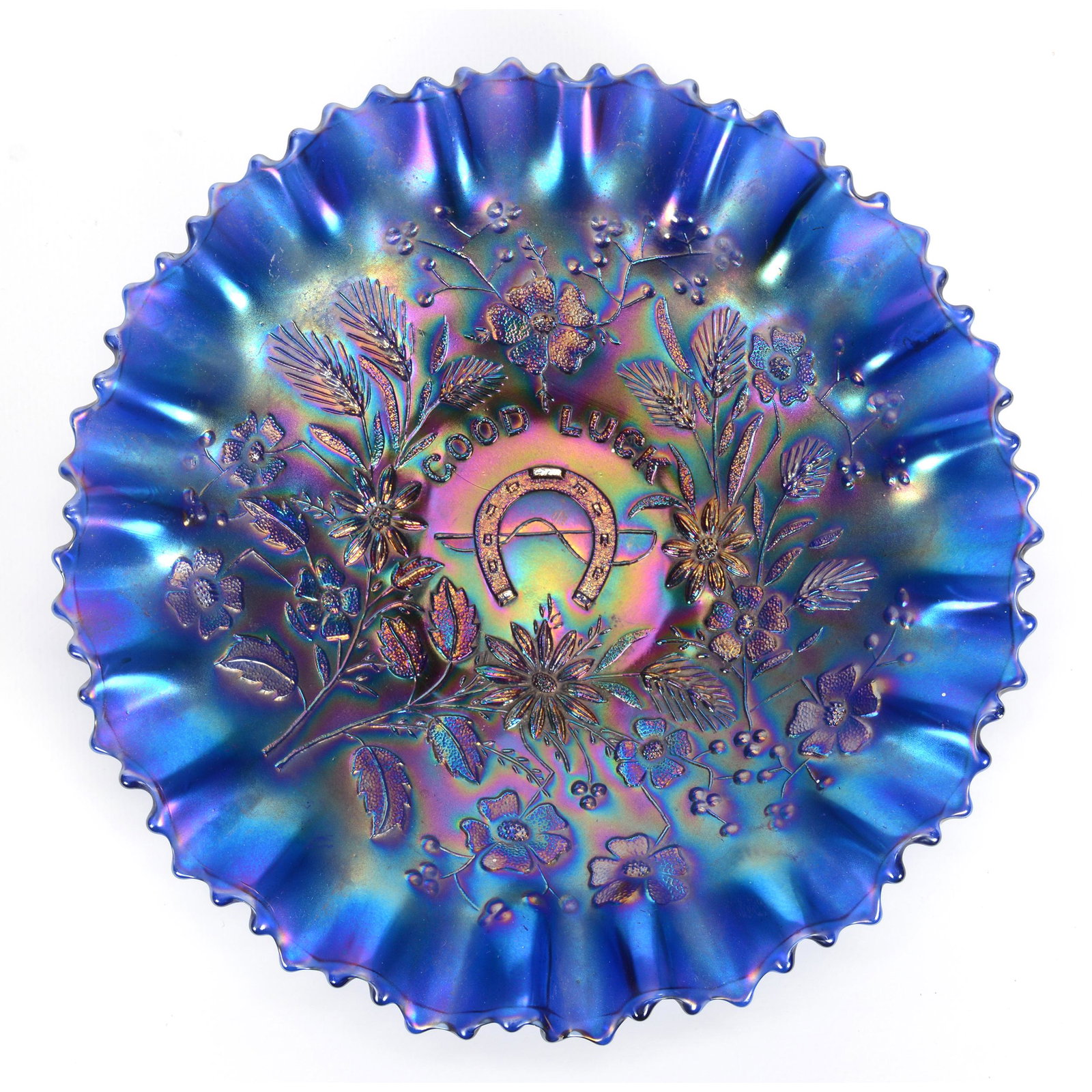 Carnival Glass Bowl, Good Luck by Northwood: Carnival Glass Bowl, Good Luck by Northwood, 9", Blue, Pie Crust Edge, Ribbed Exterior, John Lolley Estate, Monroe, LA. The majority of Mr. Lolley's collection was marked with a museum labeling pen wh