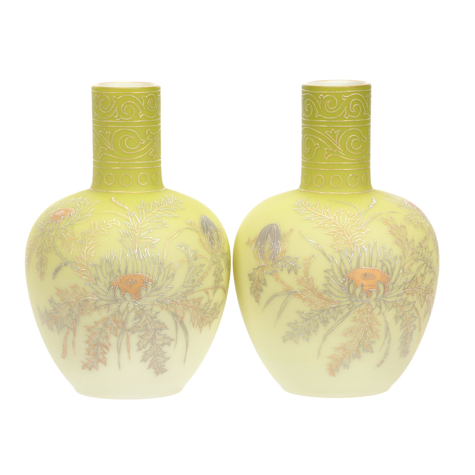 Pair Vases Marked Richardson, Satin Art Glass: Pair Vases Marked Richardson, Satin Art Glass, 9.25" x 6", Green Satin with Silver and Gold Enamel Chrysanthemum Decor, Circa Late 1800's, John Lolley Estate, Monroe, LA. The majority of Mr. Lolley's 