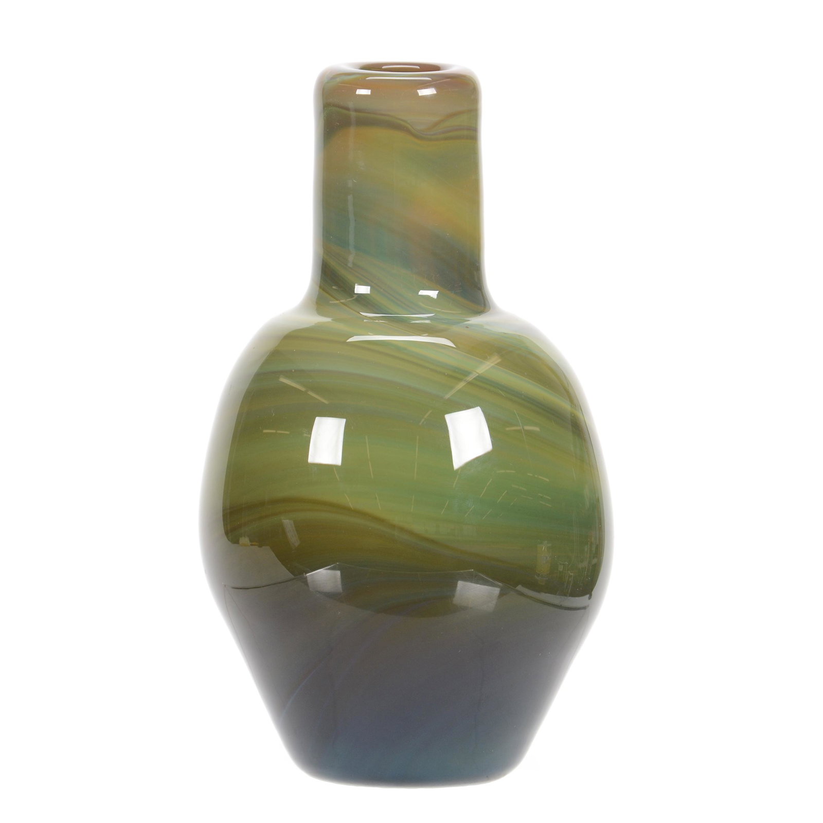 Vase Signed Labino Art Glass, Dated 1966: Vase Signed Labino Art Glass, Dated 1966, 7.25" x 4", Heavy Green and Blue Swirl Design, Nice Quality, John Lolley Estate, Monroe, LA. The majority of Mr. Lolley's collection was marked with a museum 