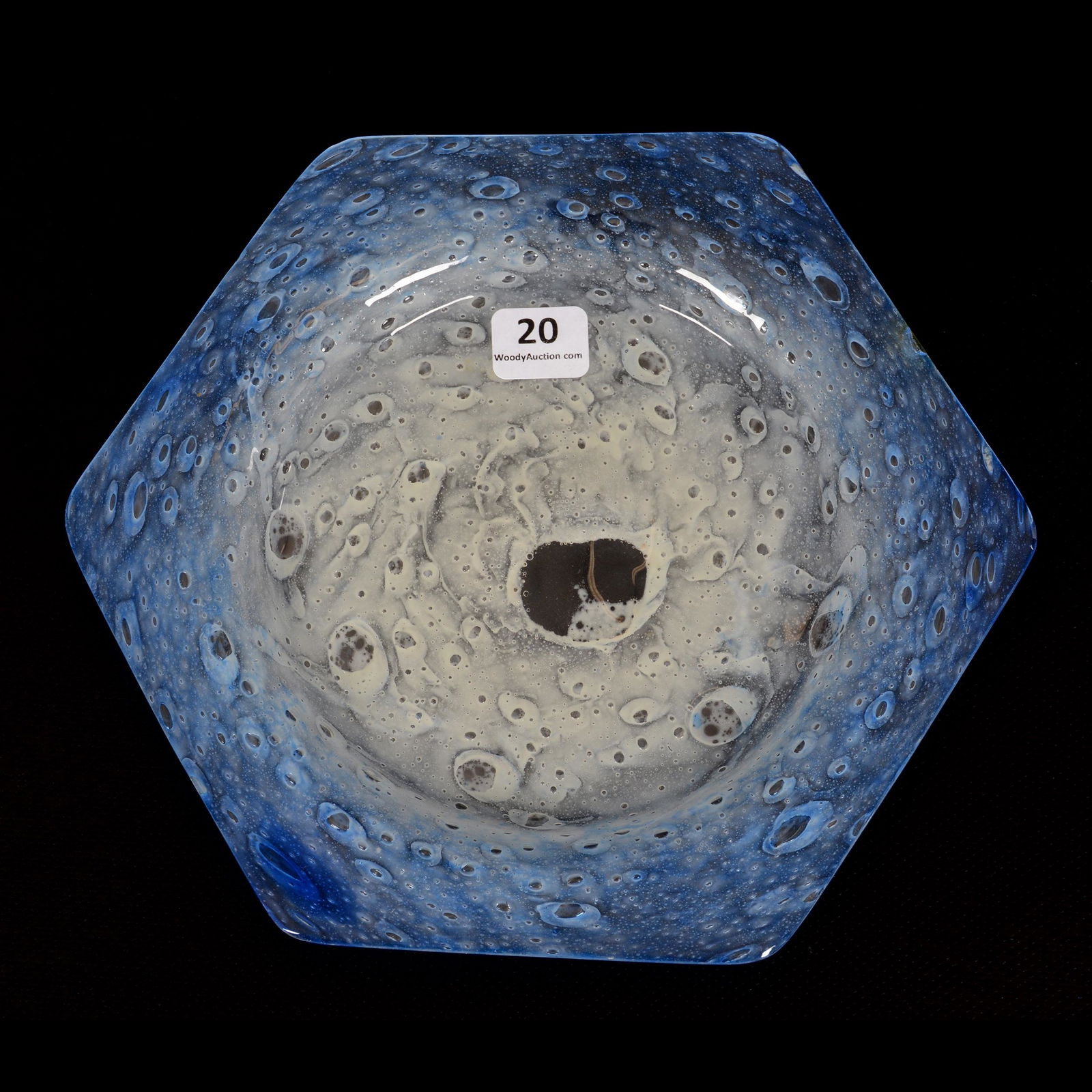 Plate, Six-Sided, Blue Cluthra Art Glass by Steuben: Plate, Six-Sided, Blue Cluthra Art Glass by Steuben, 7.5", Repaired Chip on Edge of Plate, John Lolley Estate, Monroe, LA. The majority of Mr. Lolley's collection was marked with a museum labeling pen
