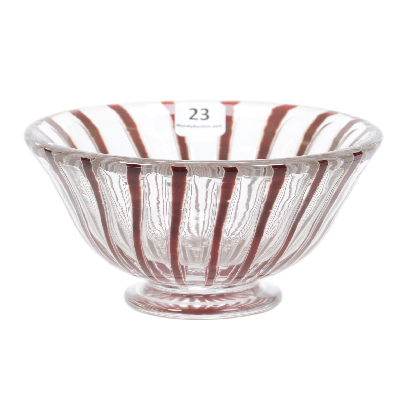 Ariel Bowl Signed Orrefors Dated 1985: Ariel Bowl Signed Orrefors Dated 1985, 3" x 6", Clear with Brown Ribbon Design, Artist Signed "Edvin Ohrstrom", John Lolley Estate, Monroe, LA. The majority of Mr. Lolley's collection was marked with