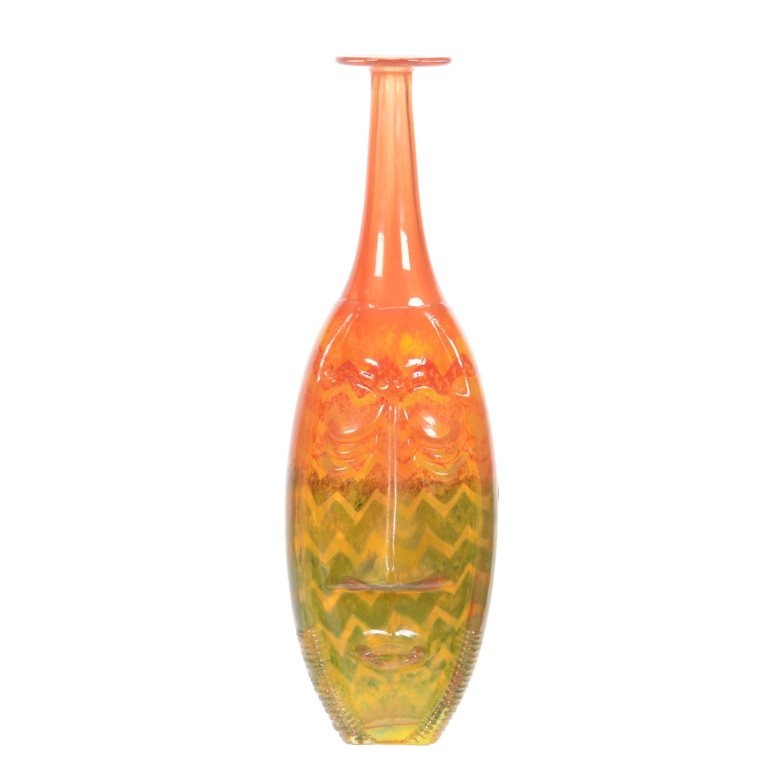 Vase, Contemporary Art Glass Marked Kosta Boda: Vase, Contemporary Art Glass Marked Kosta Boda, 15" x 4.5", Indian Head Form with Orange, Green and Yellow Zig-Zag Design, John Lolley Estate, Monroe, LA. The majority of Mr. Lolley's collection was m
