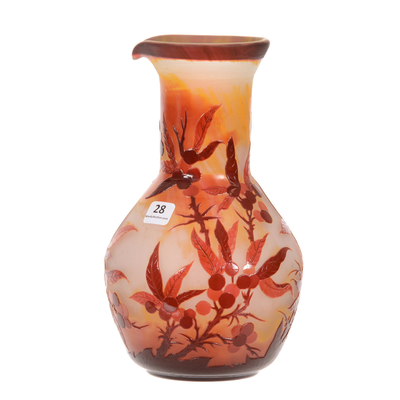 Carafe Signed Le Gras French Cameo Art Glass: Carafe Signed Le Gras French Cameo Art Glass, 9.25" x 5.5", Three Color with Branch, Leaf and Berry Cameo Carved Decor, Unusual Shape, John Lolley Estate, Monroe, LA. The majority of Mr. Lolley's coll