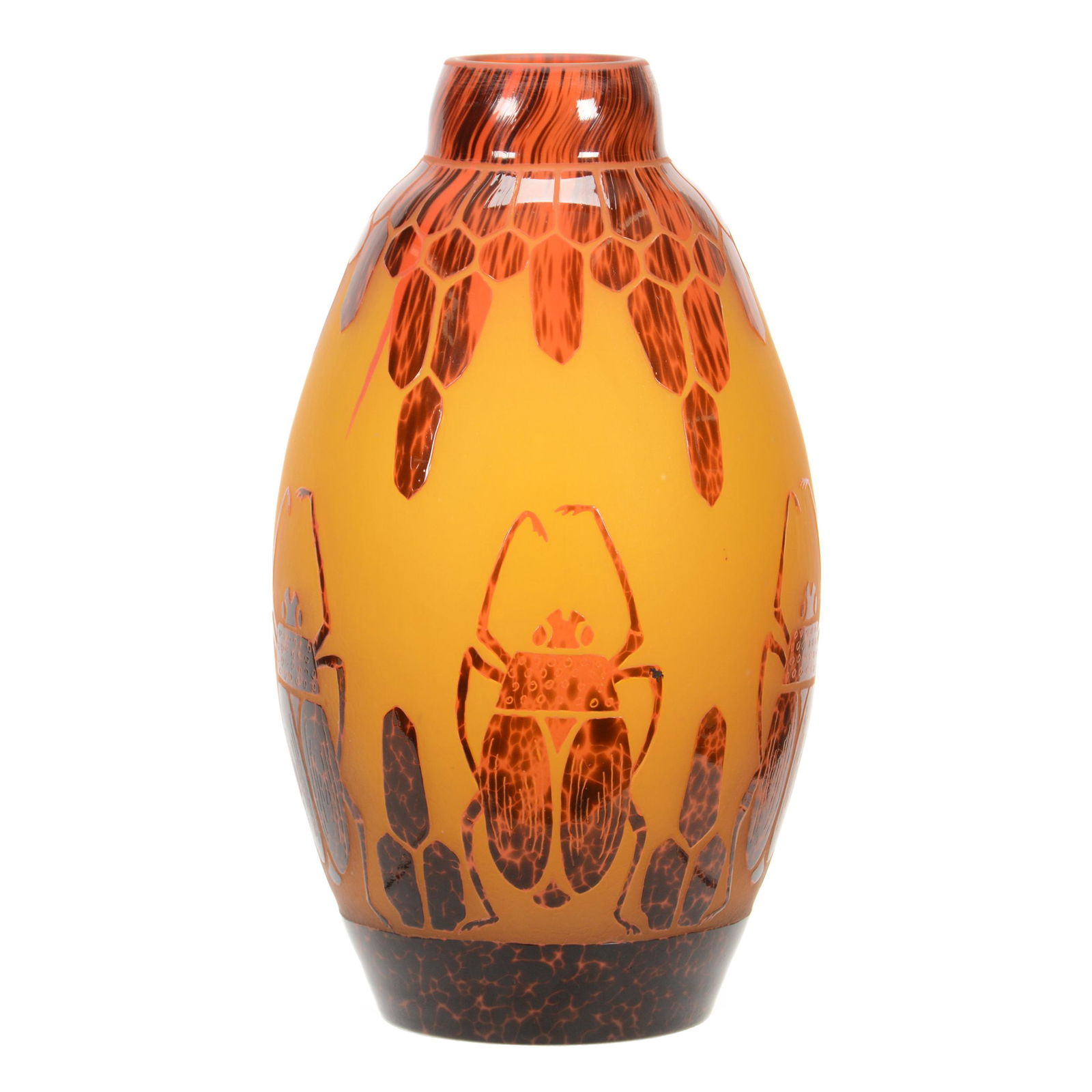 Vase Marked Charder (Charles Schneider) French Cameo: Vase Marked Charder (Charles Schneider) French Cameo, 13.75" x 8", Yellow Background with Tortoise Shell Overlay, Cameo Carved Scarab Design, Reproduction, John Lolley Estate, Monroe, LA. The majority