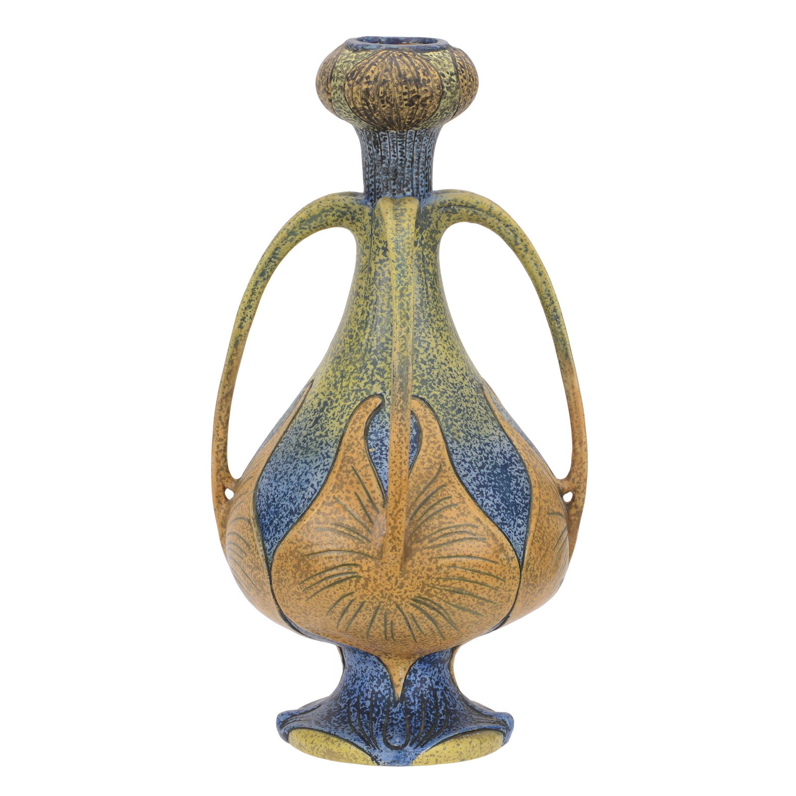 Vase Marked Amphora Czechoslovakia, Four Handles: Vase Marked Amphora Czechoslovakia, Four Handles, 14" x 7.5", Art Deco Leaf Design in Green, Blue and Brown Tones, John Lolley Estate, Monroe, LA. The majority of Mr. Lolley's collection was marked wi