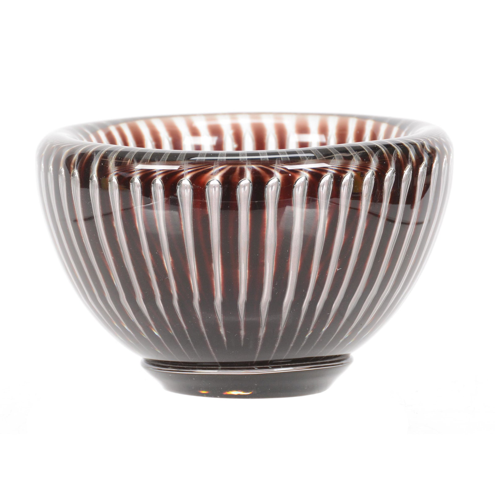 Ariel Bowl Marked Orrefors: Ariel Bowl Marked Orrefors, 2.75" x 4.25", Deep Red Ribbon Design, Artist Signed "Edvin Ohrstrom", John Lolley Estate, Monroe, LA. The majority of Mr. Lolley's collection was marked with a museum labe