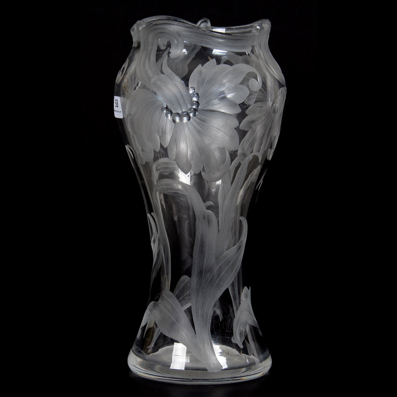 Vase Signed Val St. Lambert: Vase Signed Val St. Lambert, 11.5" x 5.5", Large Engraved Floral Decor, Polished Pontil Base, John Lolley Estate, Monroe, LA. The majority of Mr. Lolley's collection was marked with a museum labeling 