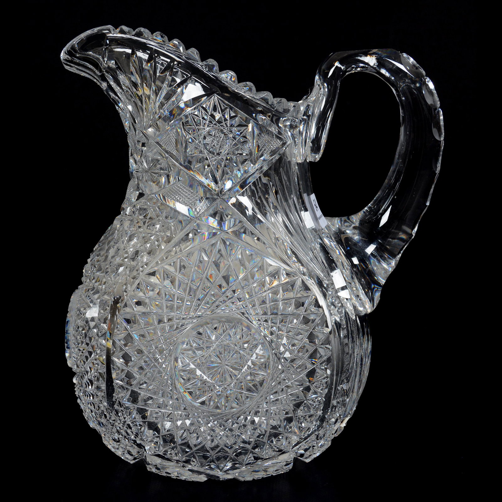 Pitcher, American Brilliant Cut Glass: Pitcher, American Brilliant Cut Glass, 9", Irma Pattern by Pairpoint, Exactly as Featured in Pairpoint Catalog Reprint, Page 98, John Lolley Estate, Monroe, LA. The majority of Mr. Lolley's collection