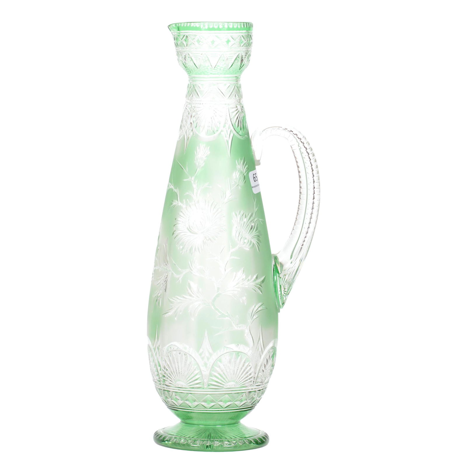 Tankard by Stevens & Williams, Green Cut to Clear: Tankard by Stevens & Williams, Green Cut to Clear, 13", Pedestal, Finely Engraved Branch and Blossom Decor, Ray Cut Foot, Air Trap Handle, John Lolley Estate, Monroe, LA. The majority of Mr. Lolley's