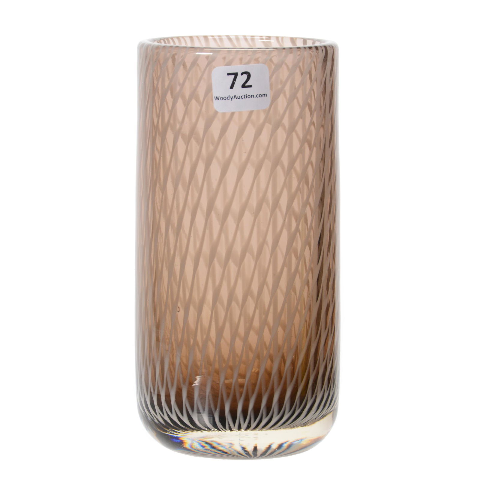 Cylinder Vase Signed Riihimaen Lasi Oy Nanny Still: Cylinder Vase Signed Riihimaen Lasi Oy Nanny Still, 6.5" x 3", Smoke Glass with White Lattice Work Ribbon Design, Company Founded in Finland in 1910 as Riihimaki Glassworks, Name Changed to Riihimaen