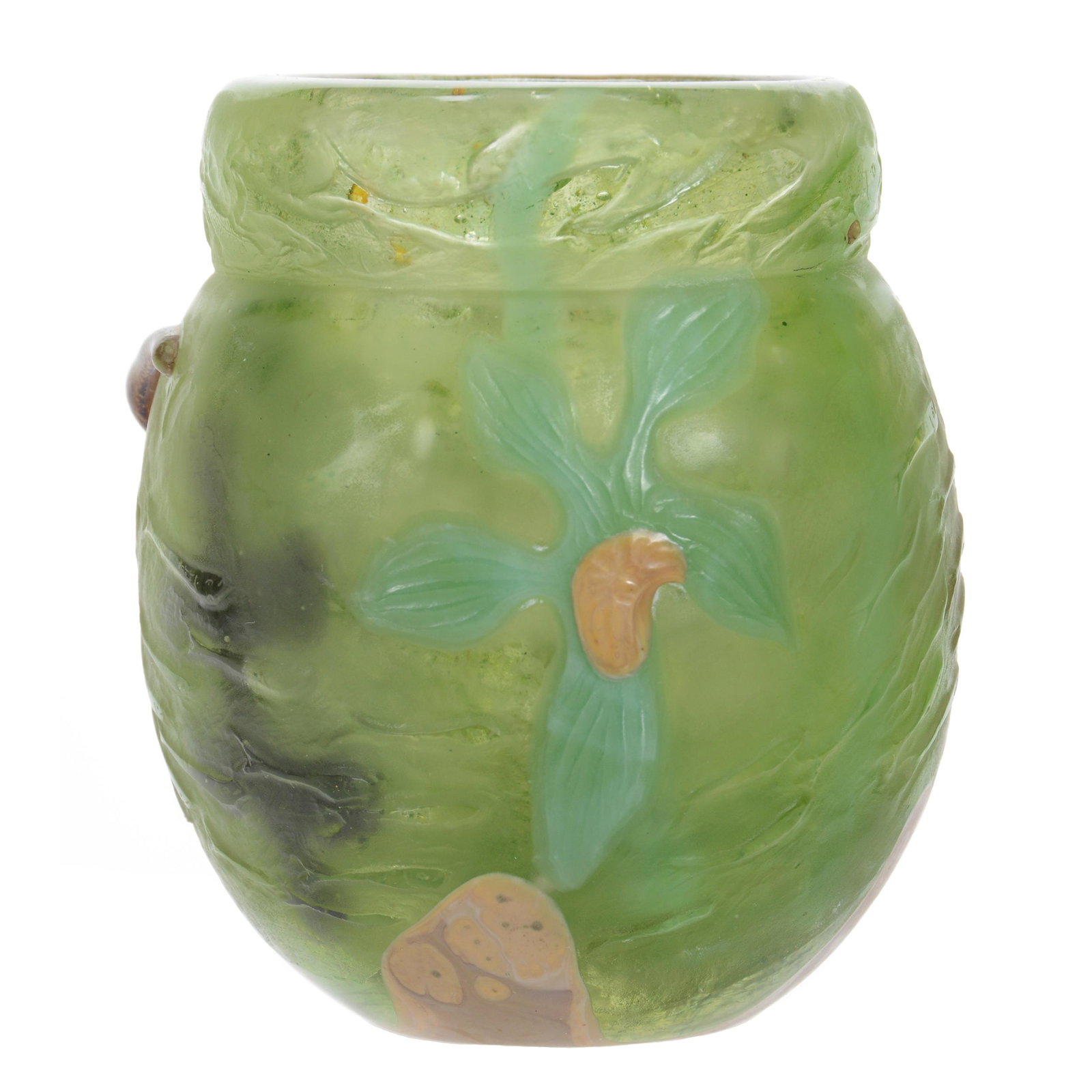 Vase, Contemporary Marquetry Art Glass: Vase, Contemporary Marquetry Art Glass, 5.5" x 4.75", Green Underwater Scene with Tadpole and Floral Design, Schools of Little Fish All over Vase, No Visible Maker's Mark, Nice Quality, John Lolley Es