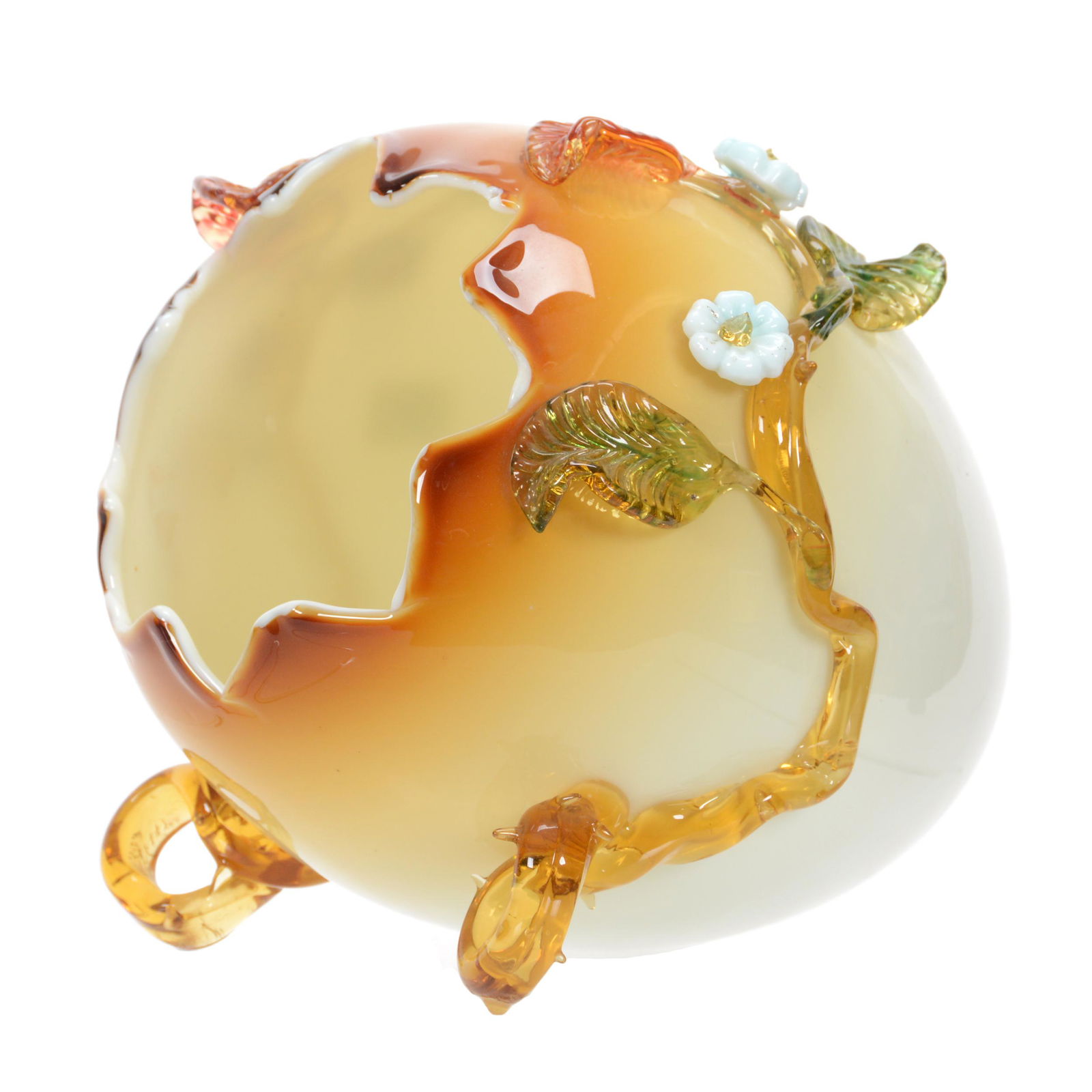 Vase, Art Glass Attributed to Stevens & Williams: Vase, Art Glass Attributed to Stevens & Williams, 7.5" x 8", Cased Brown Shading to White Exterior with Applied Branch and Blossom Decor, John Lolley Estate, Monroe, LA. The majority of Mr. Lolley's c