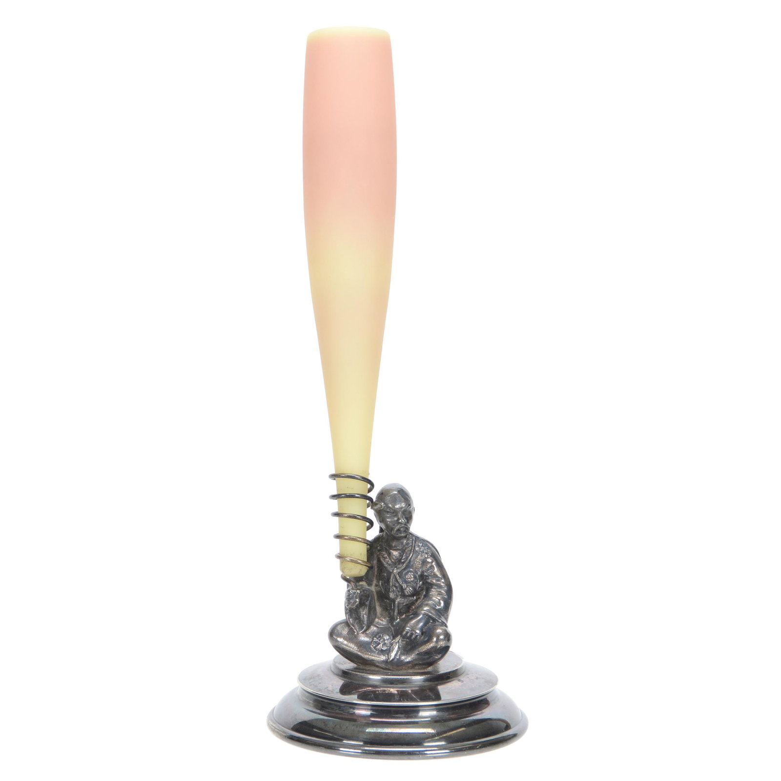 Bud Vase, Matte Burmese Art Glass: Bud Vase, Matte Burmese Art Glass, 7.5", Set in Pairpoint #1536 Silverplate Base, John Lolley Estate, Monroe, LA. The majority of Mr. Lolley's collection was marked with a museum labeling pen which ca