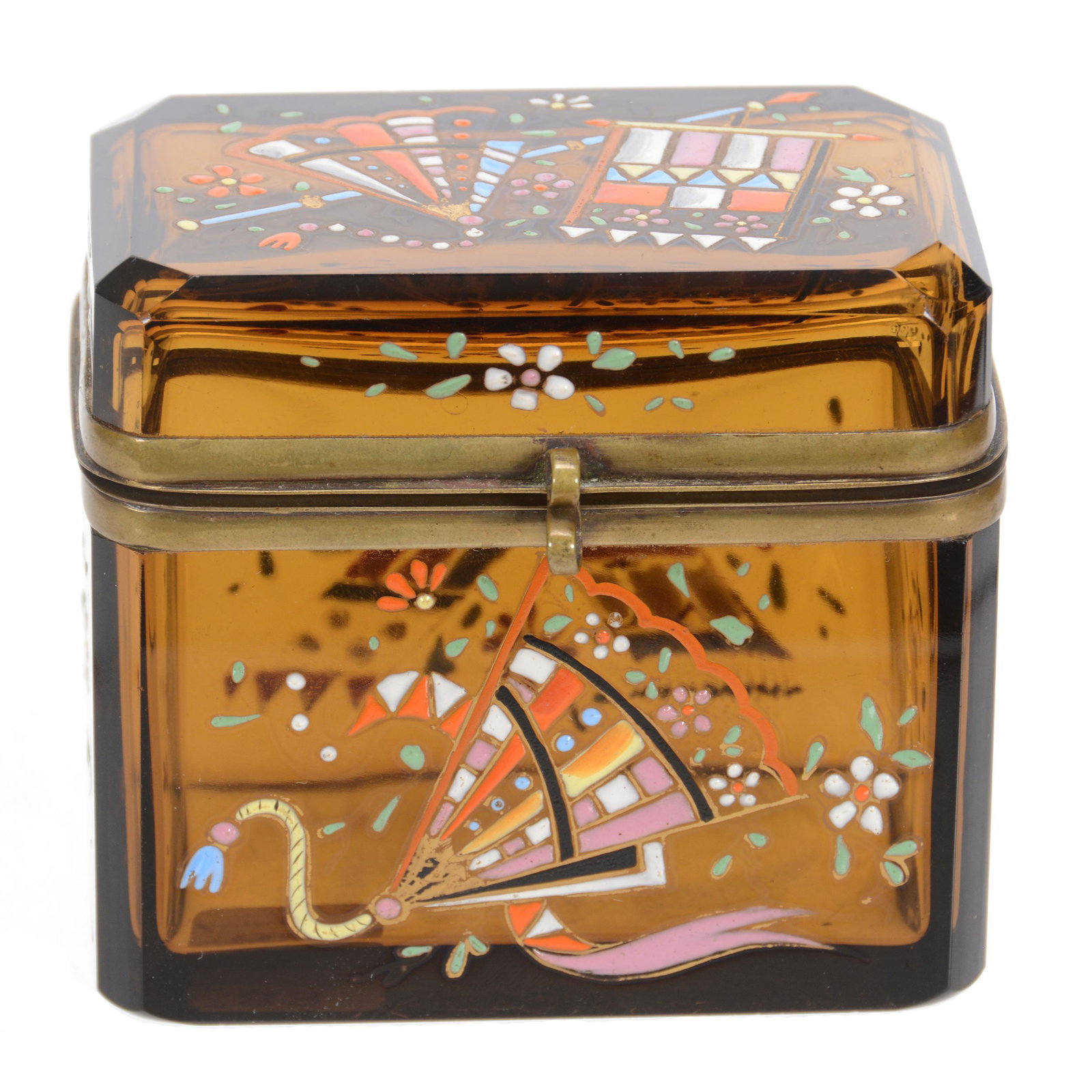 Hinged Jewel Box, Solid Amber Art Glass: Hinged Jewel Box, Solid Amber Art Glass, 3.5" x 3.75", Heavy Enamel Fan and Floral Decor, Attributed to Moser, Some Base Edge Chips, John Lolley Estate, Monroe, LA. The majority of Mr. Lolley's collec