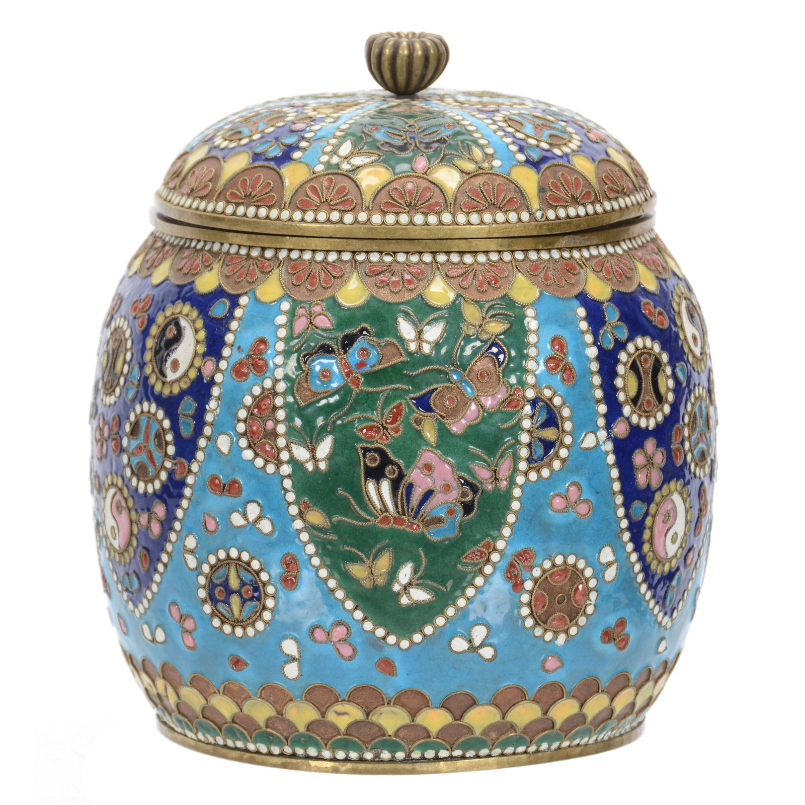 Humidor, Cloisonne with Traditional Colors: Humidor, Cloisonne with Traditional Colors, 6.5" x 5.75", Panels of Butterflies, Medallion and Floral Design, John Lolley Estate, Monroe, LA. The majority of Mr. Lolley's collection was marked with a 