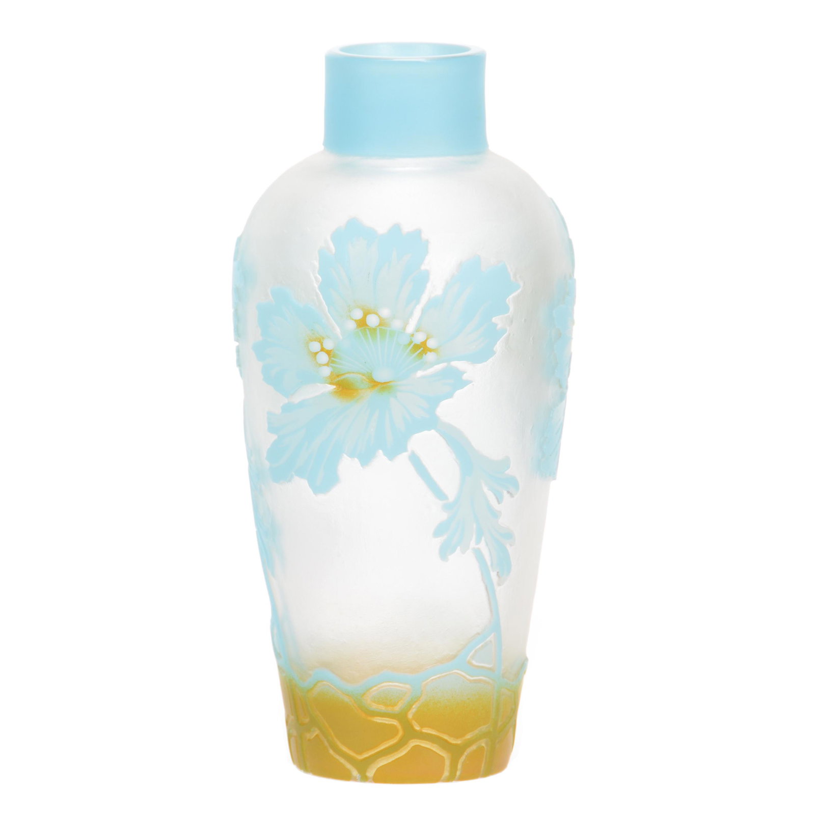 Vase, Frosted Glass, Cameo Carved Blue &Yellow Overlay: Vase, Frosted Glass, Cameo Carved Blue & Yellow Overlay, 7.25" x 3.5", Poppy Decor, Unmarked, Nice Quality, John Lolley Estate, Monroe, LA. The majority of Mr. Lolley's collection was marked with a mu