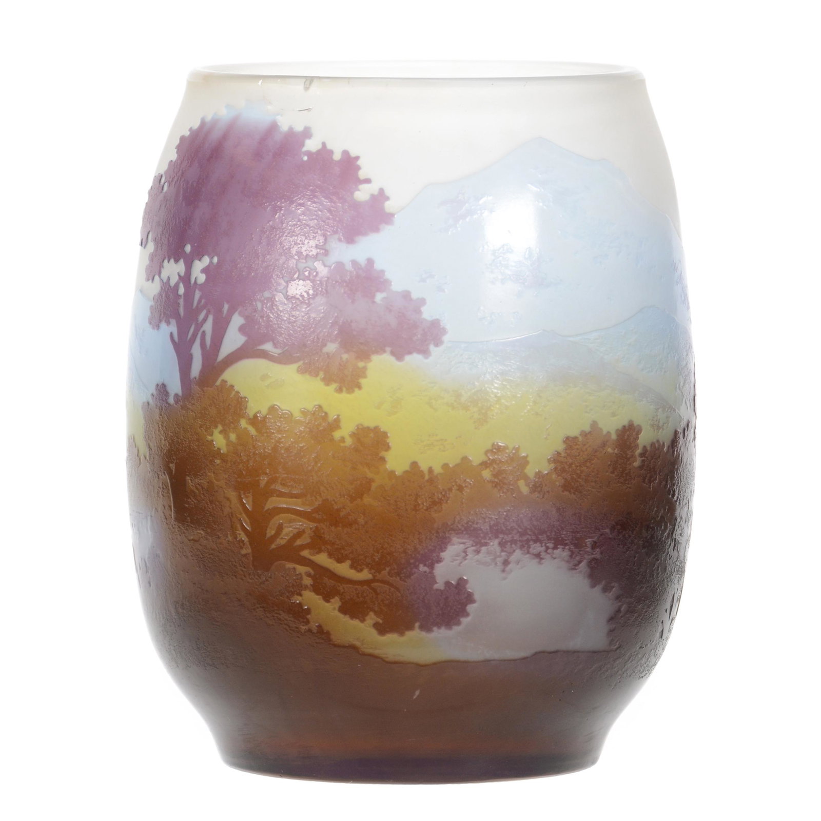 Vase Signed Galle French Cameo Art Glass: Vase Signed Galle French Cameo Art Glass, 4.5" x 3.5", Three Color, Mountain and Tree Scenic Decor, John Lolley Estate, Monroe, LA. The majority of Mr. Lolley's collection was marked with a museum lab