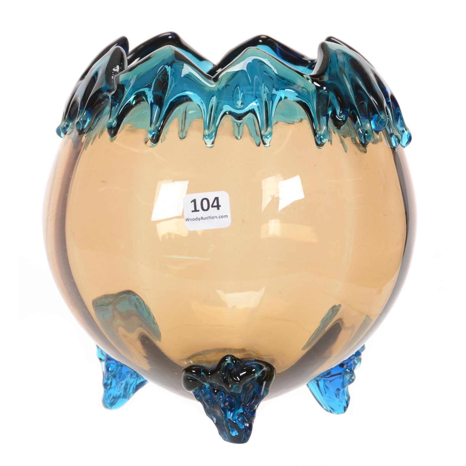 Rose Bowl, Art Glass Attributed to Moser: Rose Bowl, Art Glass Attributed to Moser, 7.5" x 7", Amber Body with Applied Blue Drip "Broken Edge" Rim and Applied Feet, Three Footed, John Lolley Estate, Monroe, LA. The majority of Mr. Lolley's co