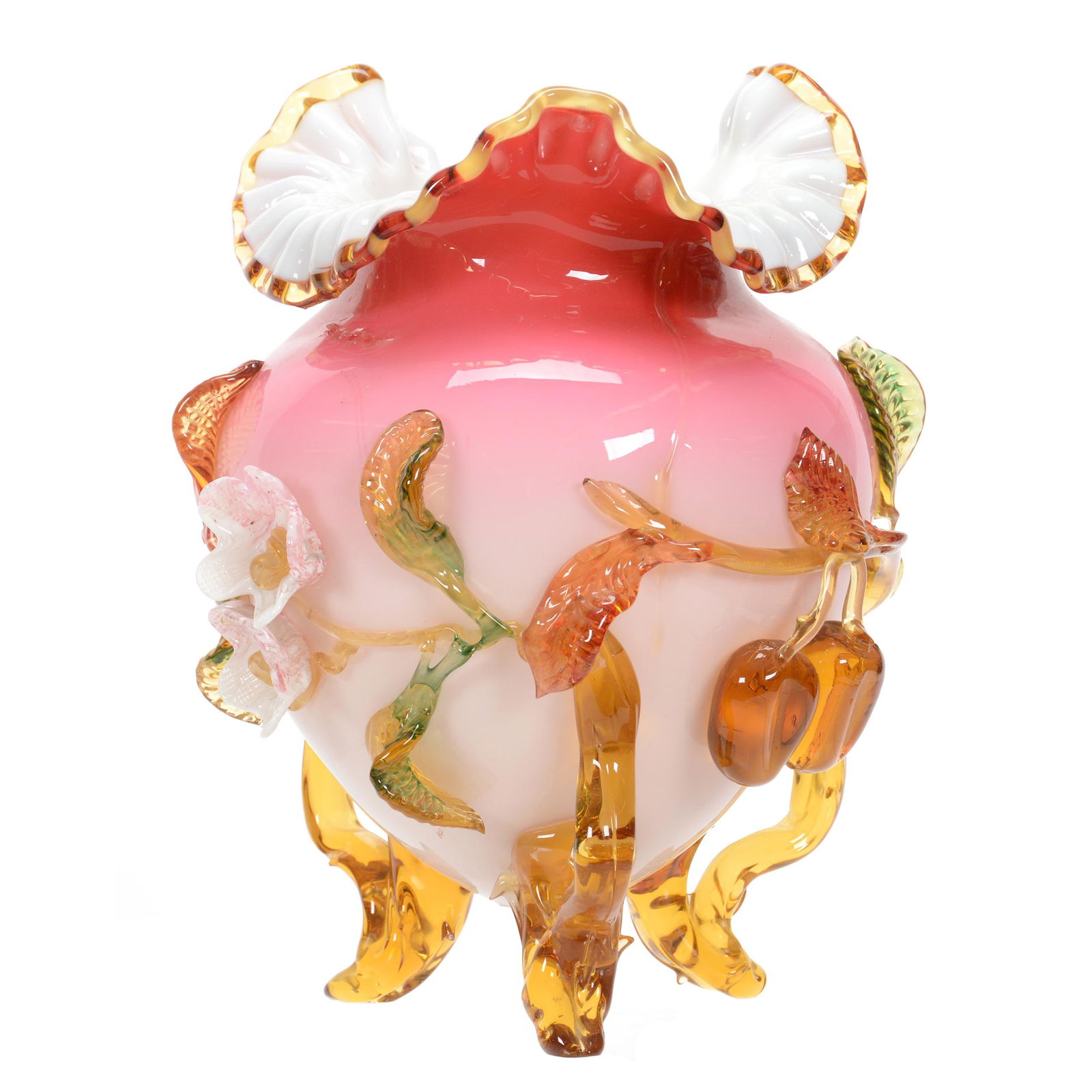 Footed Vase by Stevens & Williams: Footed Vase by Stevens & Williams, 10.5" x 7.75", Peachblow Cased Body with Applied Amber Branch Feet and Fruit and Blossom Decor, John Lolley Estate, Monroe, LA. The majority of Mr. Lolley's collecti