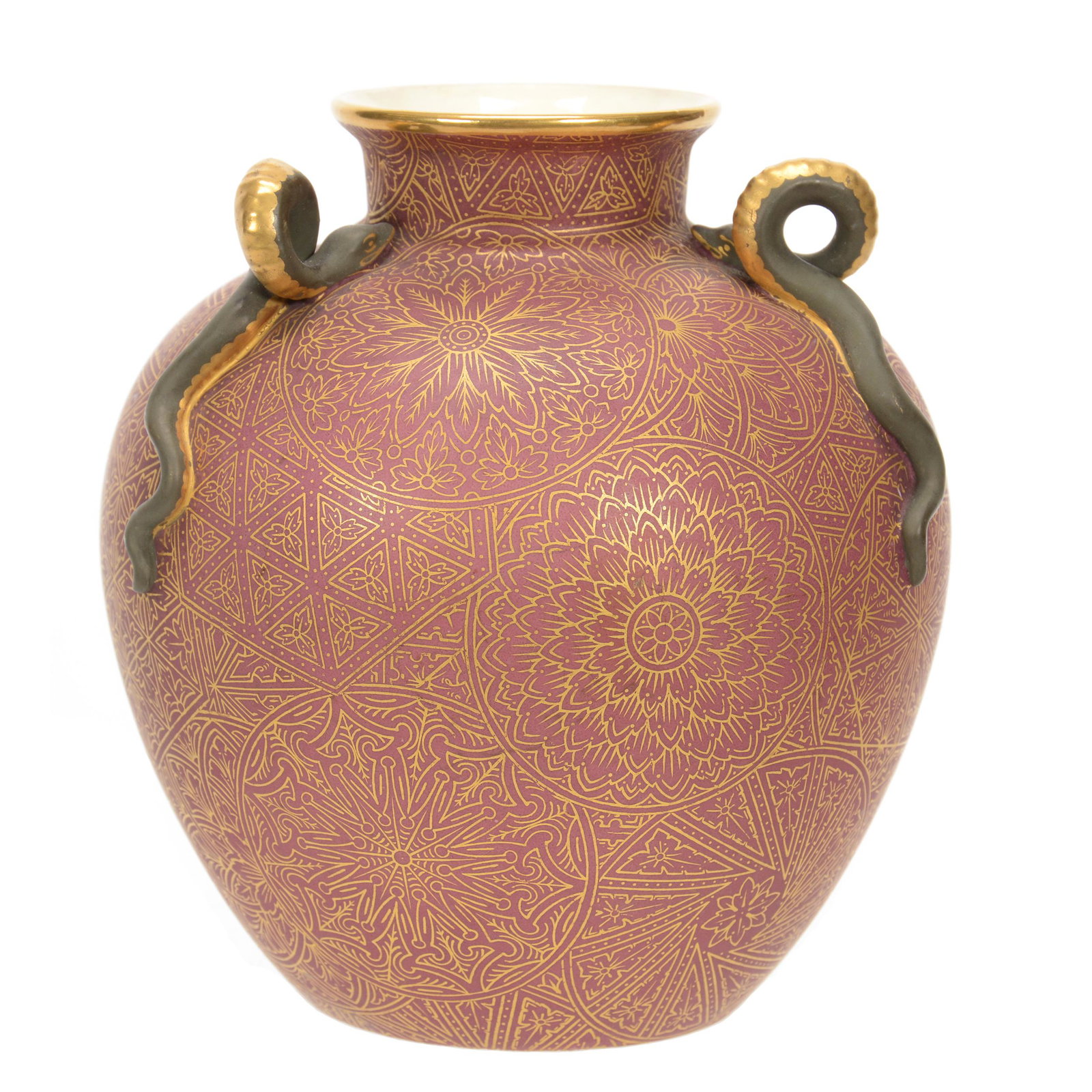Vase Marked Royal Worcester: Vase Marked Royal Worcester, 5.5" x 5", Maroon Background with Extensive Gold Stencil Design, Three Figural Snake Handles, also Marked "Davis Collamorre & Company New York", John Lolley Estate, Monroe