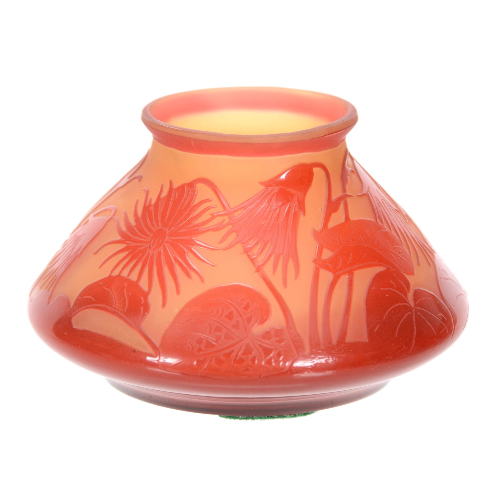 Vase Signed De Argental French Cameo: Vase Signed De Argental French Cameo, 2.5" x 4", Two Color, Yellow Background with Orange Cameo Carved Overlay of Lily Pad and Blossom, John Lolley Estate, Monroe, LA. The majority of Mr. Lolley's col