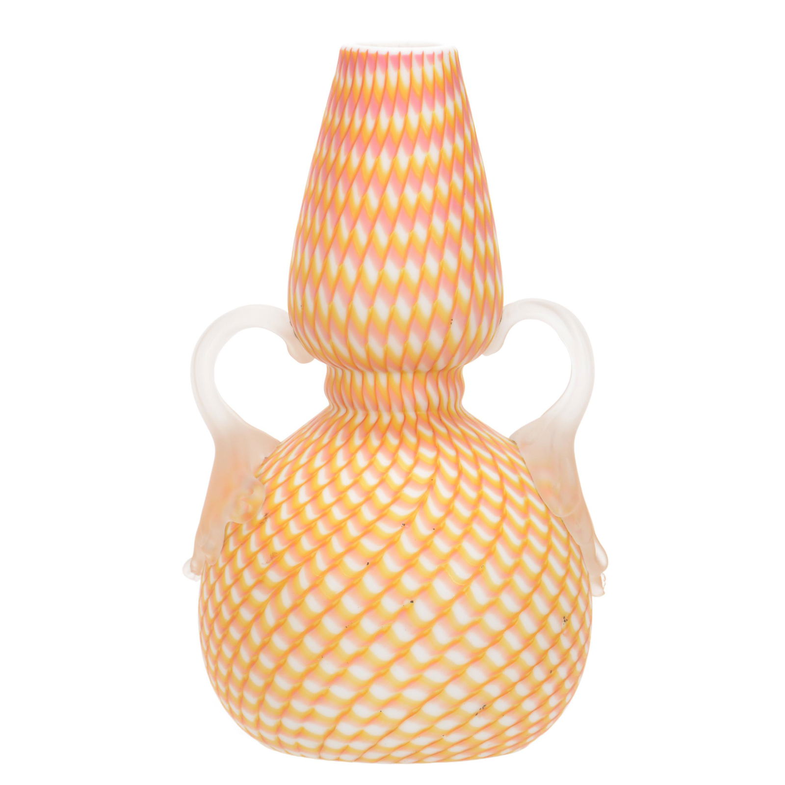 Vase Marked Stevens & Williams Pull-Up: Vase Marked Stevens & Williams Pull-Up, 8.5" x 4.75", Gourd Shape, Two Handles, Pink, Yellow and White Tones, Designed by John Northwood, Circa 1887, John Lolley Estate, Monroe, LA. The majority of Mr