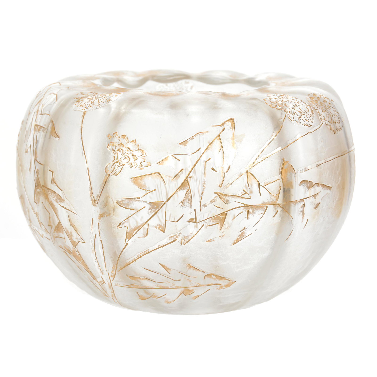 Rose Bowl Signed St. Denis French Cameo Art Glass: Rose Bowl Signed St. Denis French Cameo Art Glass, 5.25" x 7.5", White with Acid Carved Leaf and Blossom Decor, Gold Enamel Highlights, John Lolley Estate, Monroe, LA. The majority of Mr. Lolley's col