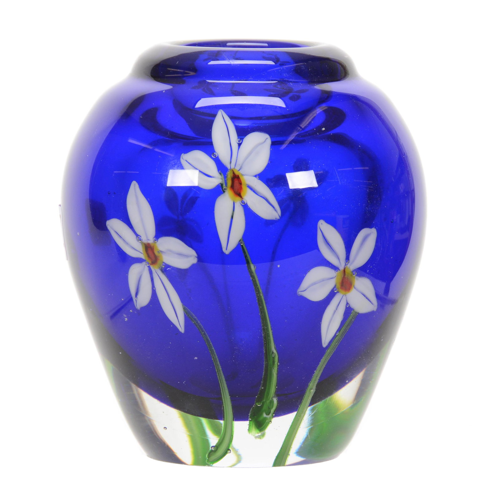 Paperweight Vase, Modern, Attributed to Lundberg: Paperweight Vase, Modern, Attributed to Lundberg, 5.25" x 4.25", Cobalt Blue with White Floral Blossom Decor, No Visible Markings, John Lolley Estate, Monroe, LA. The majority of Mr. Lolley's collecti