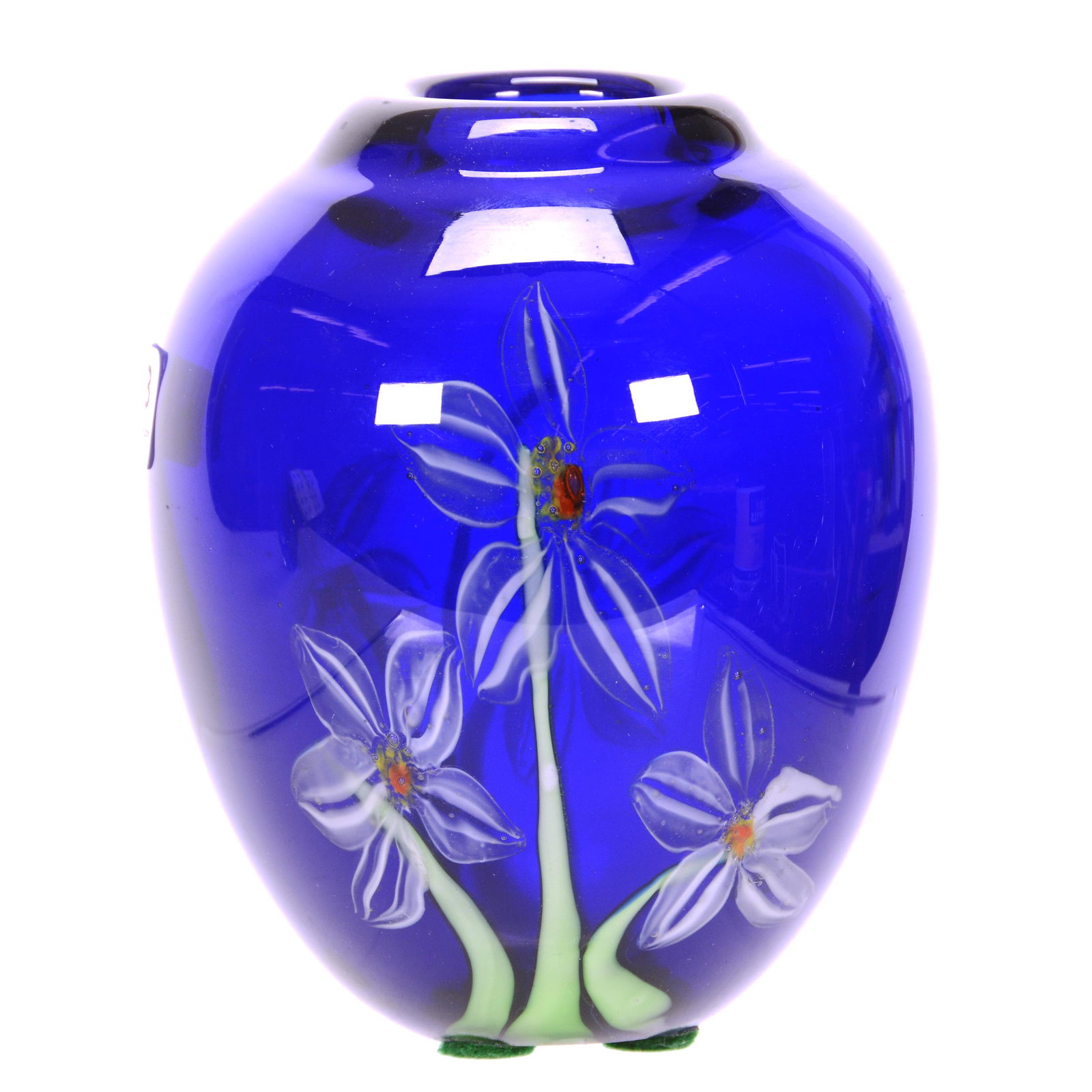 Paperweight Vase, Modern, Attributed to Lundberg: Paperweight Vase, Modern, Attributed to Lundberg, 5.5" x 4.25", Cobalt Blue with Blue and White Floral Blossom Decor, No Visible Markings, John Lolley Estate, Monroe, LA. The majority of Mr. Lolley's 