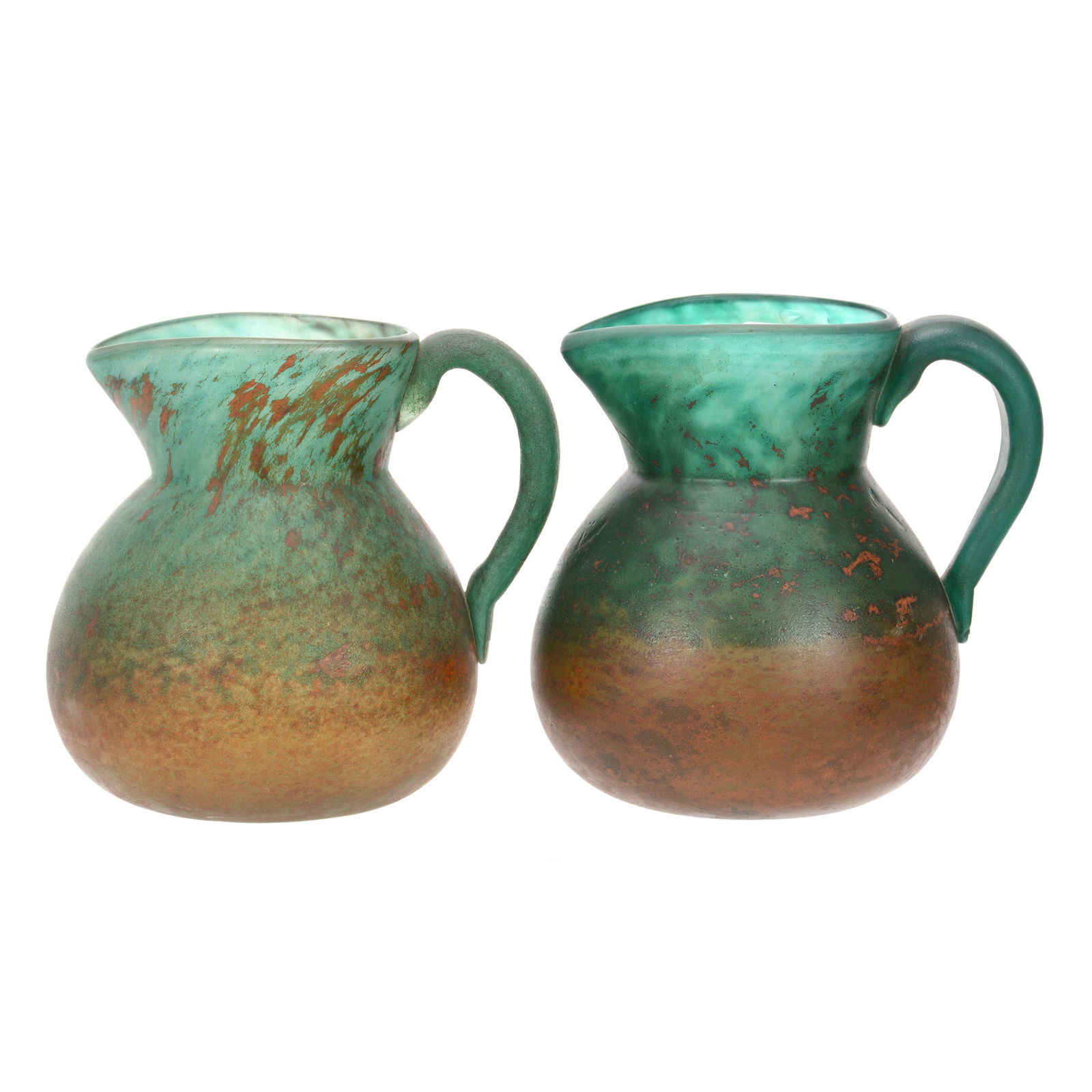 (2) Pitchers, Pate-De-Verre Signed Georges De Feure: (2) Pitchers, Pate-De-Verre Signed Georges De Feure, 7.25", Green and Brown Mottled, Circa 1920's, John Lolley Estate, Monroe, LA. The majority of Mr. Lolley's collection was marked with a museum labe
