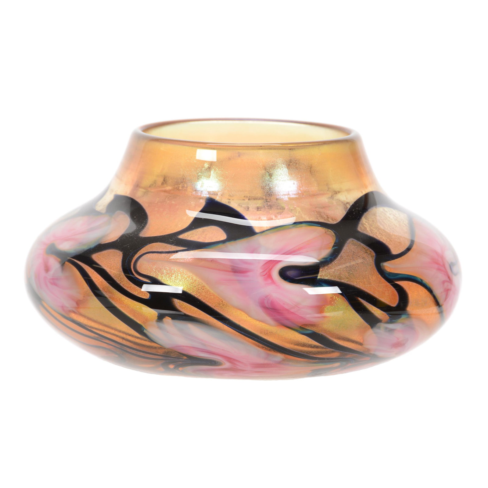 Vase, Modern Art Glass Signed John Lotton Dated 1995: Vase, Modern Art Glass Signed John Lotton Dated 1995, 4.25" x 8", Iridized Gold Background with Pink Heart and Black Vine Decor, John Lolley Estate, Monroe, LA. The majority of Mr. Lolley's collection