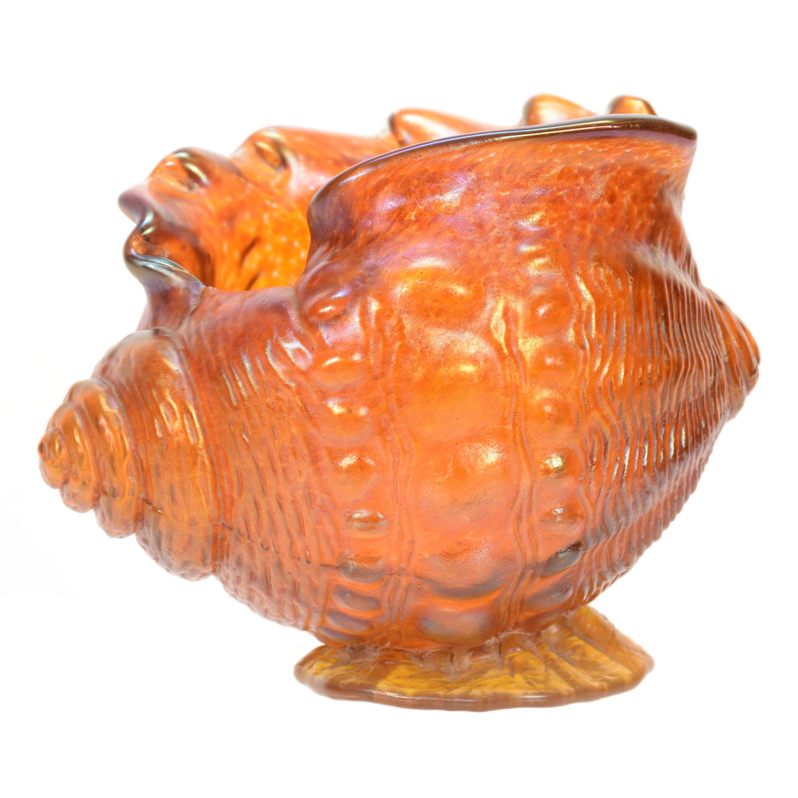 Argonaut Shell Vase, Unmarked Loetz Art Glass: Argonaut Shell Vase, Unmarked Loetz Art Glass, 5.75" x 7.5", Amber with Gold Iridescent, Nice Color, John Lolley Estate, Monroe, LA. The majority of Mr. Lolley's collection was marked with a museum la