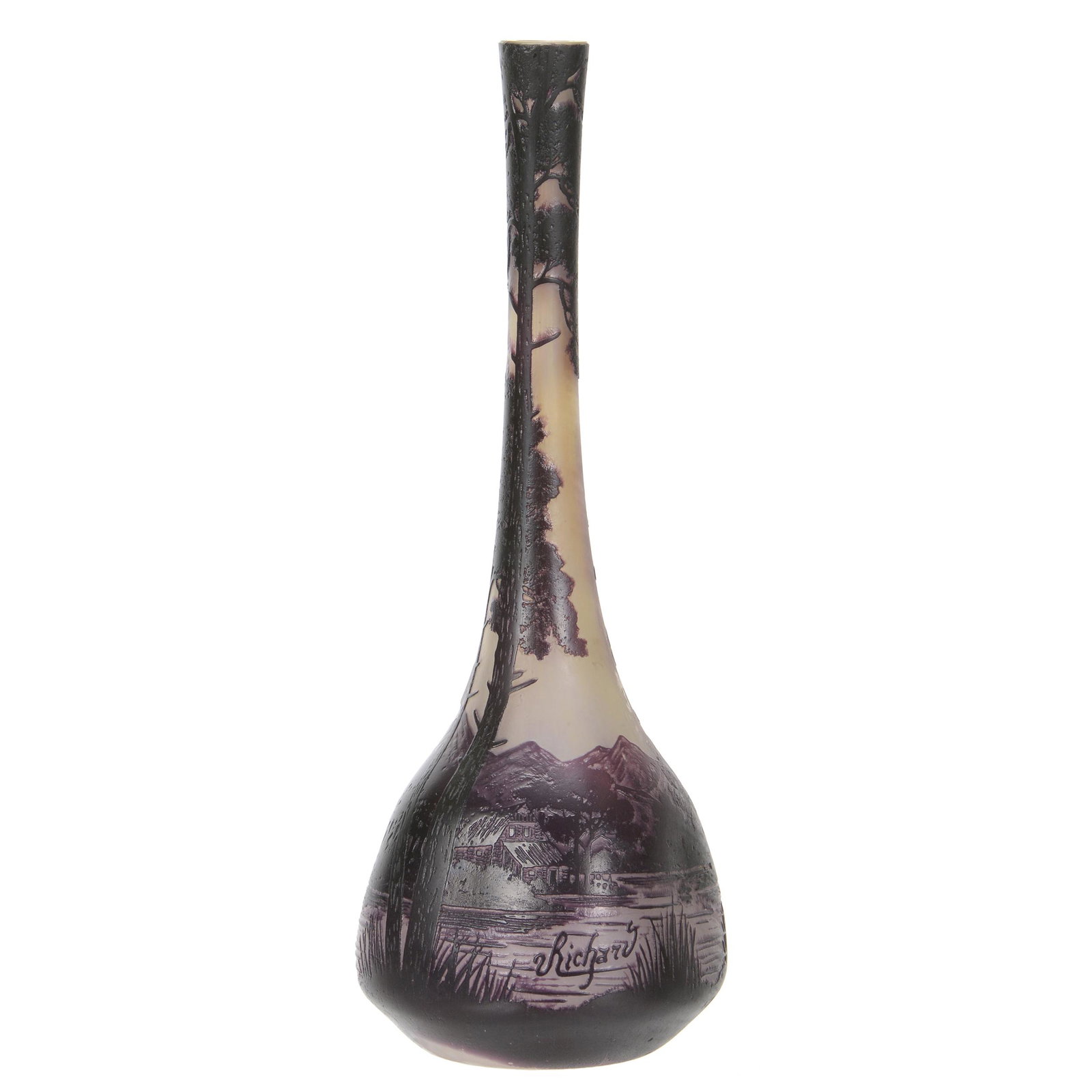 Vase Signed Richard French Cameo Art Glass: Vase Signed Richard French Cameo Art Glass, 13.5" x 5", White and Yellow Background with Dark Amethyst Cameo Carved Overlay of Mountain, Lake and Tree Scenic Decor, John Lolley Estate, Monroe, LA. The
