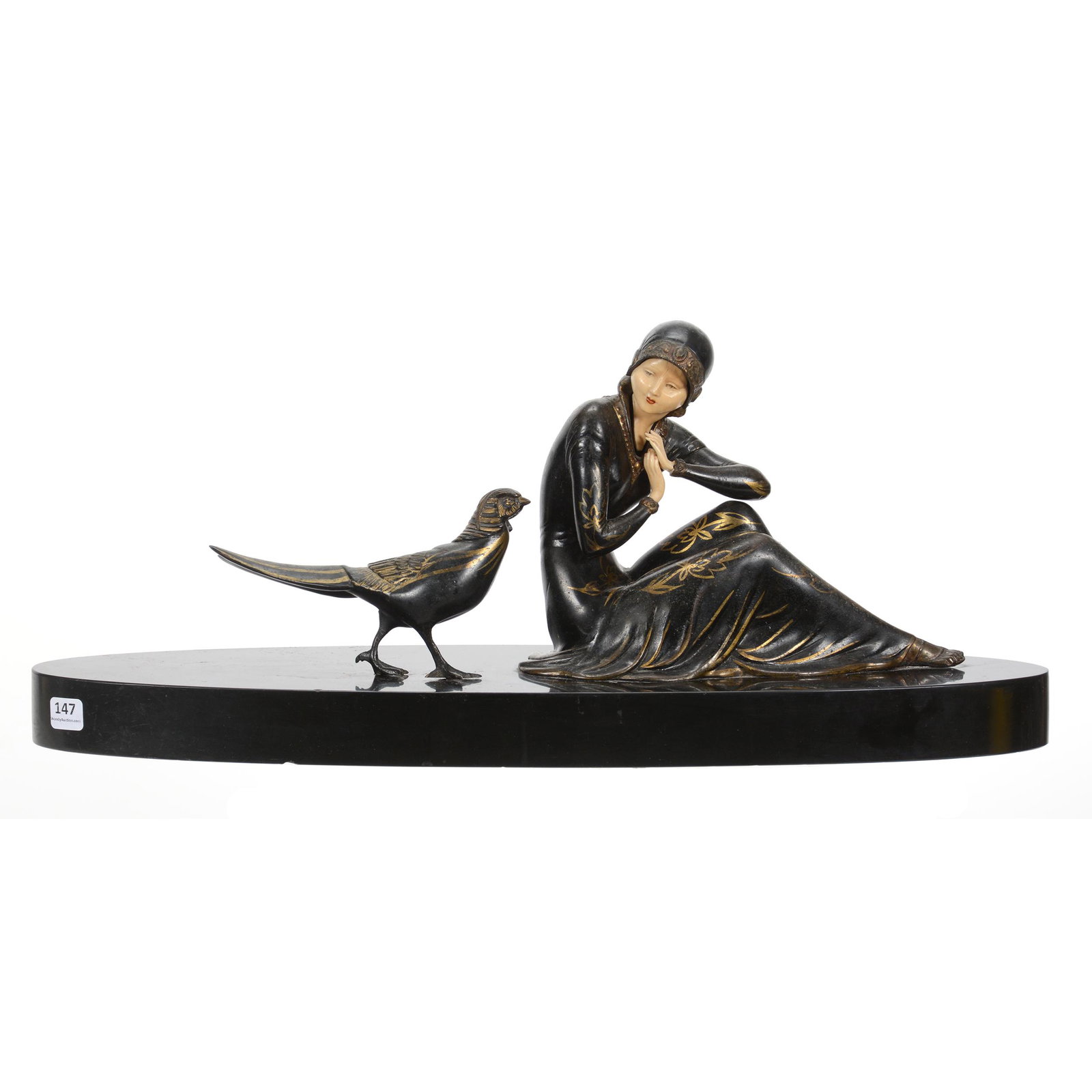 French Figure in Style of Demetre Chiparus: French Figure in Style of Demetre Chiparus, 9" x 22.5", Female Figure with Pheasant, Black Painted Metal with Gold Stencil Highlights, Only Mark Visible is Embossed "France" on Back of Woman, on Black