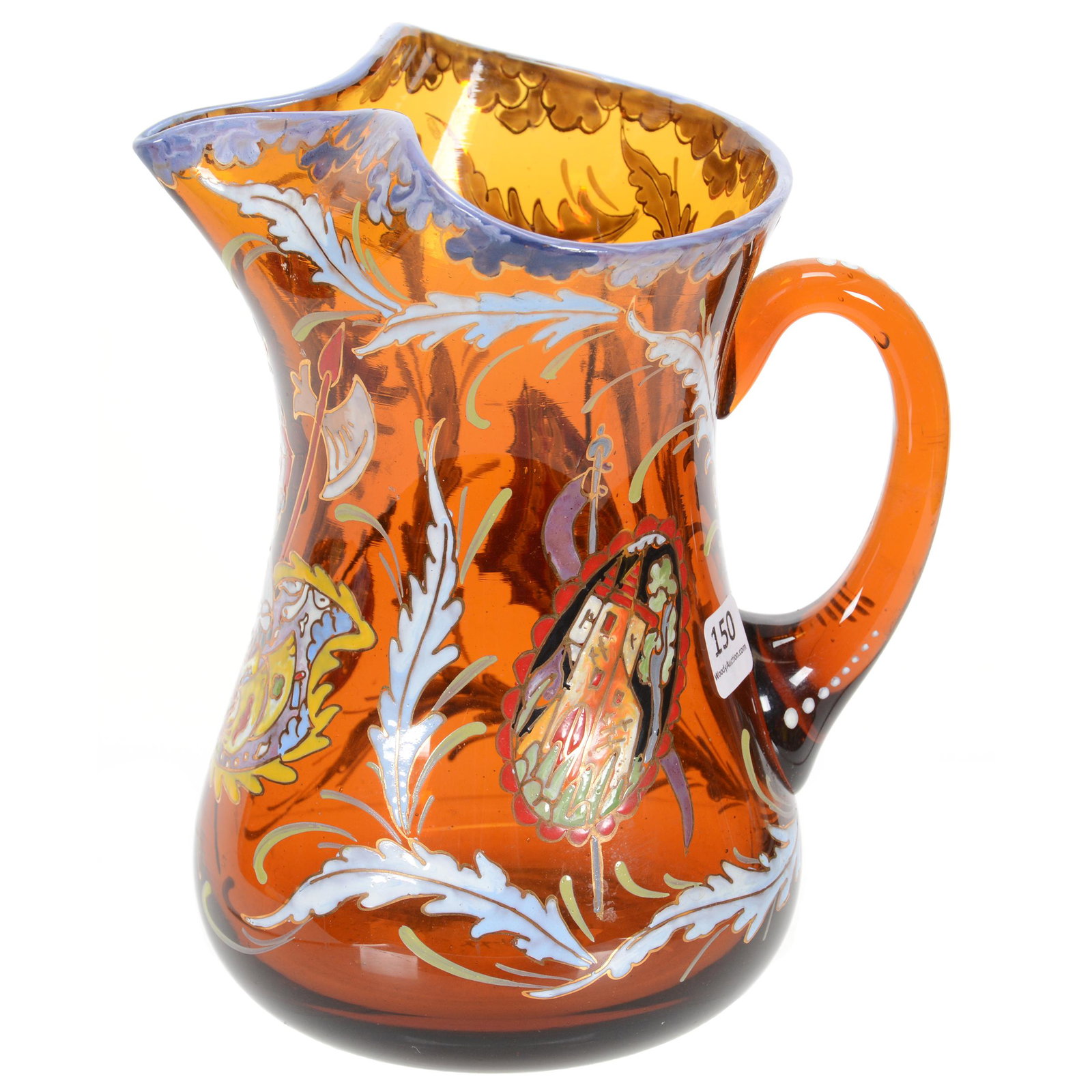 Pitcher, Heavily Enameled Art Glass: Pitcher, Heavily Enameled Art Glass, 8", Decorate with Knight and Flag Decor, Pinched Spout, Polished Pontil Base, Spanish, Artist Signed "Royo", Circa 1980's, John Lolley Estate, Monroe, LA. The majo