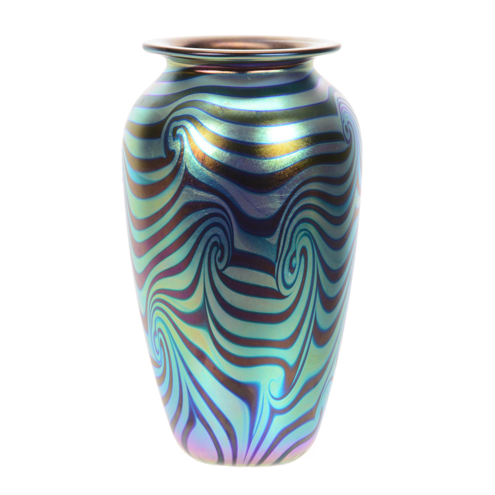 Vase by Eickholt, Contemporary Art Glass Dated 1999: Vase by Eickholt, Signed, Contemporary Art Glass Dated 1999, 9.25" x 5.25", Amethyst with Highly Iridescent King Tut Design, Artist Mark Illegible, John Lolley Estate, Monroe, LA. The majority of Mr. 