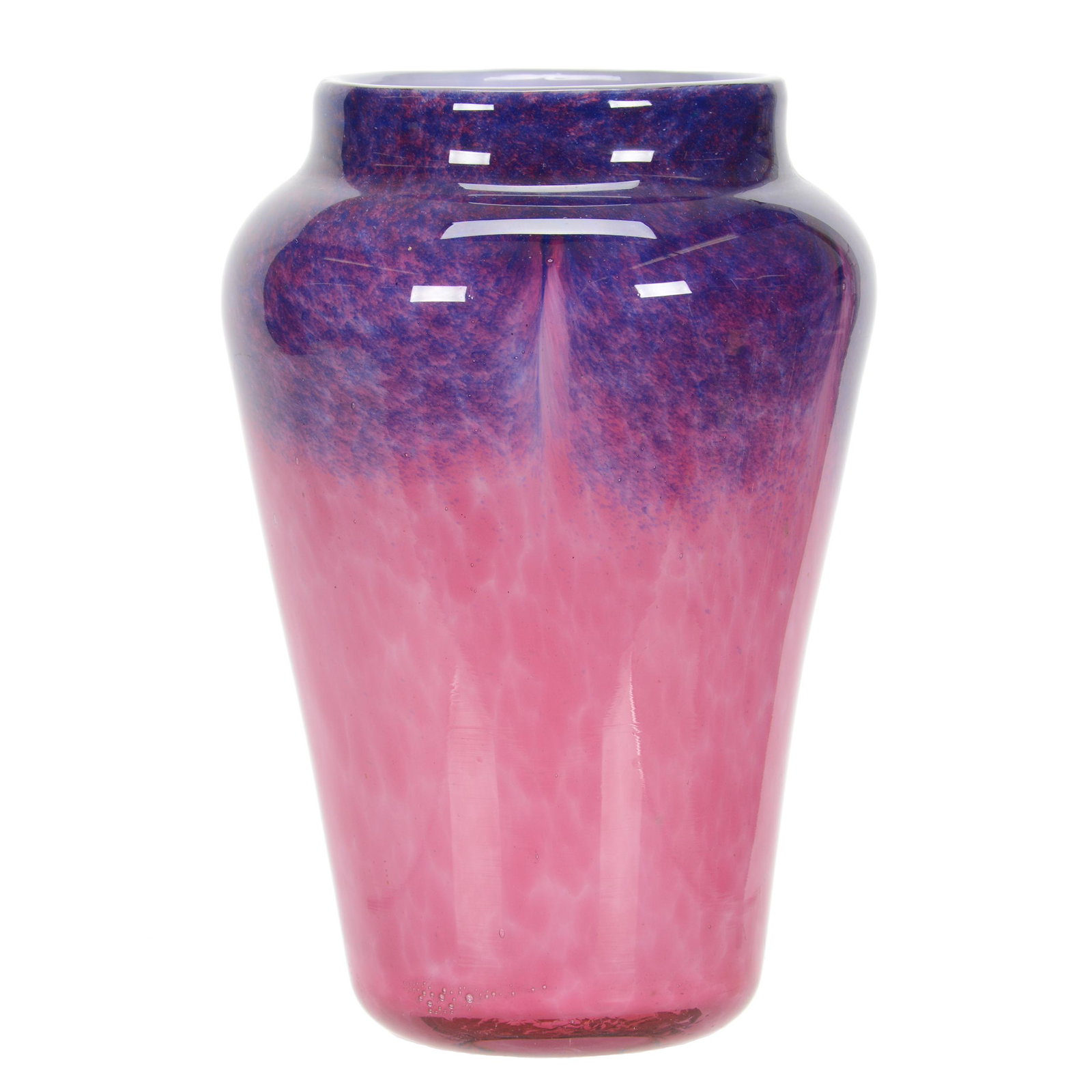 Vase, Unmarked Monart Art Glass, Circa 1930's: Vase, Unmarked Monart Art Glass, Circa 1930's, 9.5" x 6.5", Original Label, Mottled Purple and Pink Design, John Lolley Estate, Monroe, LA. The majority of Mr. Lolley's collection was marked with a mu
