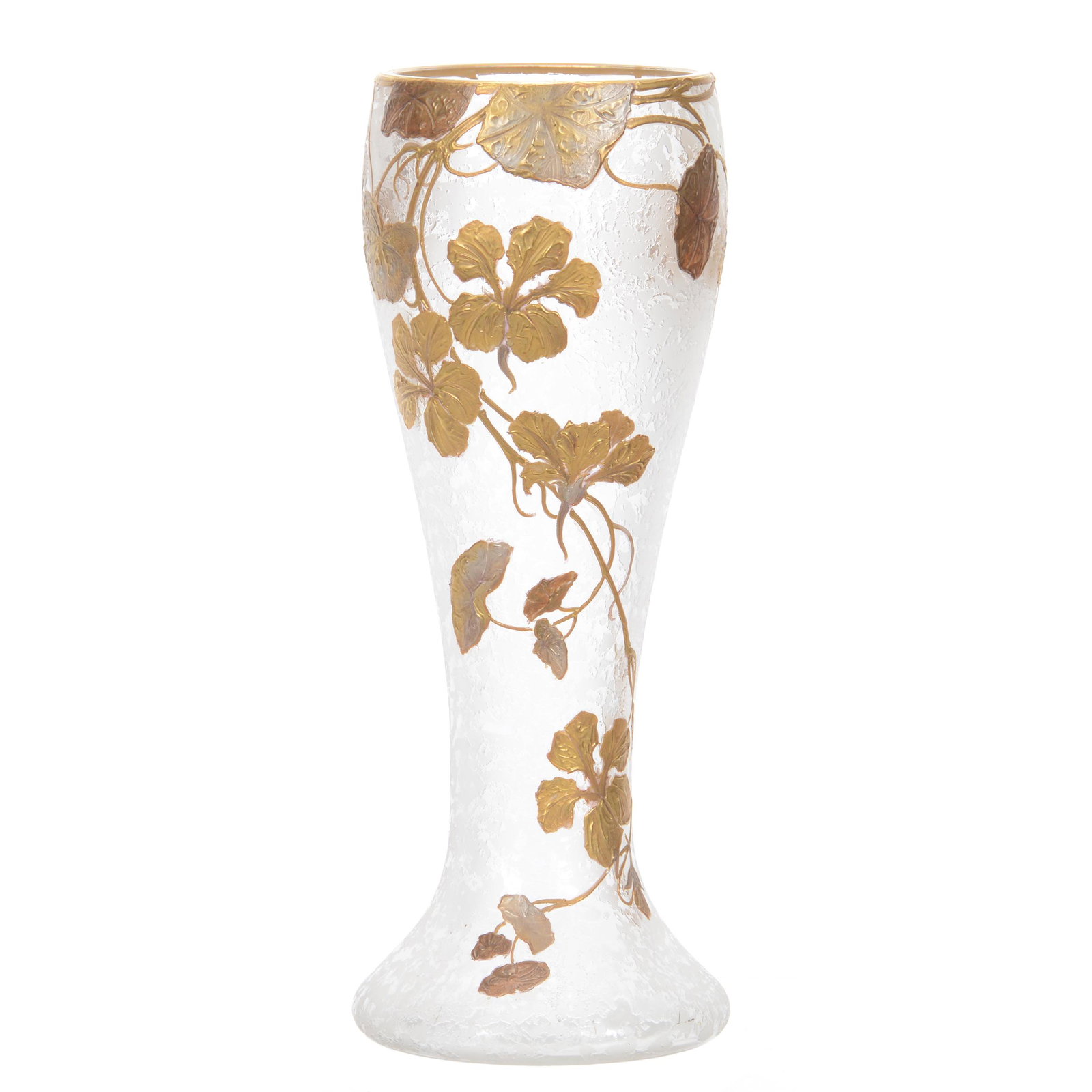 Vase Marked Schneider French Cameo Art Glass: Vase Marked Schneider French Cameo Art Glass, 13.5" x 5.25", Clear Acid Carved Background with Floral Relief and Gold Enamel Highlights, John Lolley Estate, Monroe, LA. The majority of Mr. Lolley's co