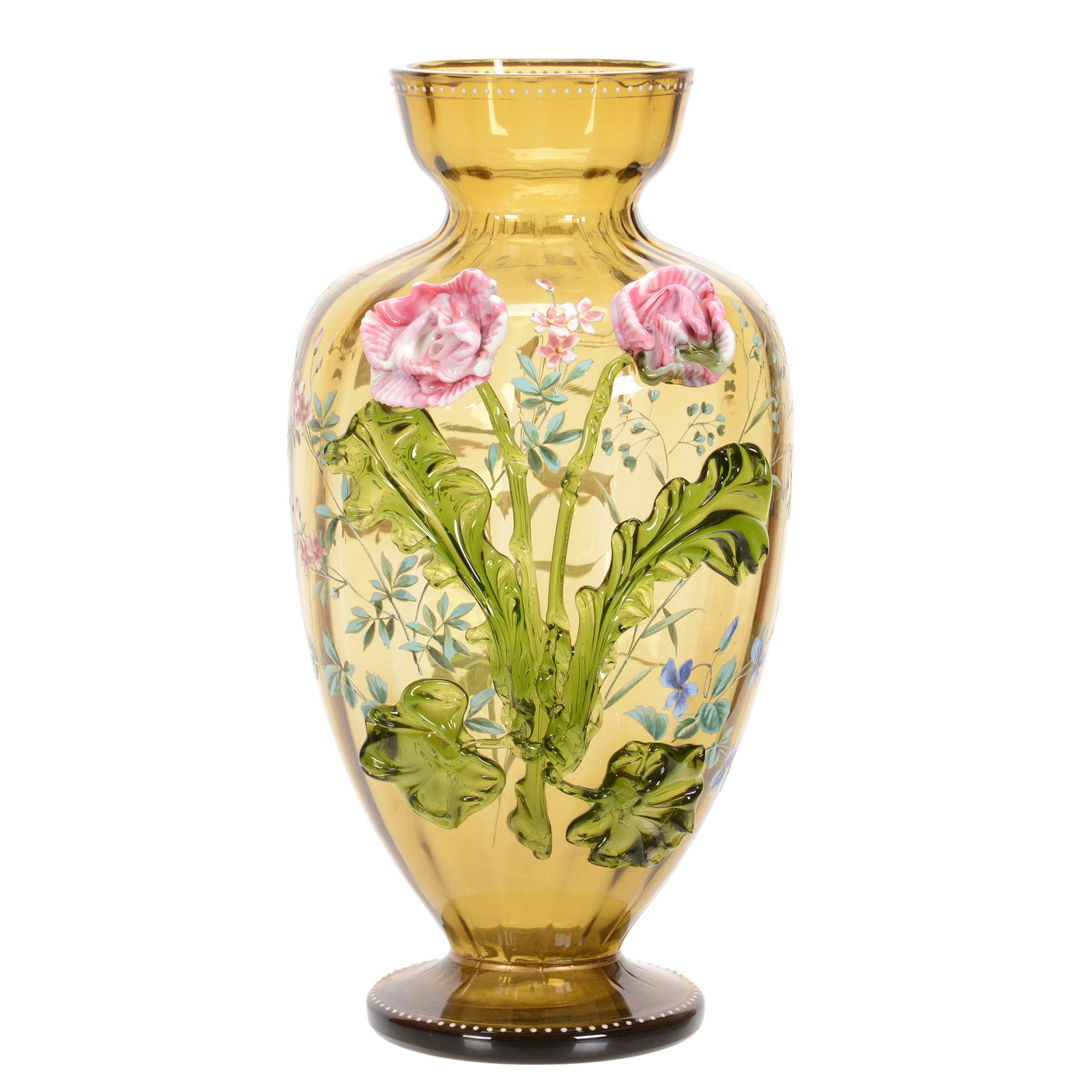 Vase, Olive Green Art Glass with Applied Glass: Vase, Olive Green Art Glass with Applied Glass, 13.5" x 7", Rose Blossom and Leaf Decor, Enamel Floral Highlights, Nice Quality, John Lolley Estate, Monroe, LA. The majority of Mr. Lolley's collection