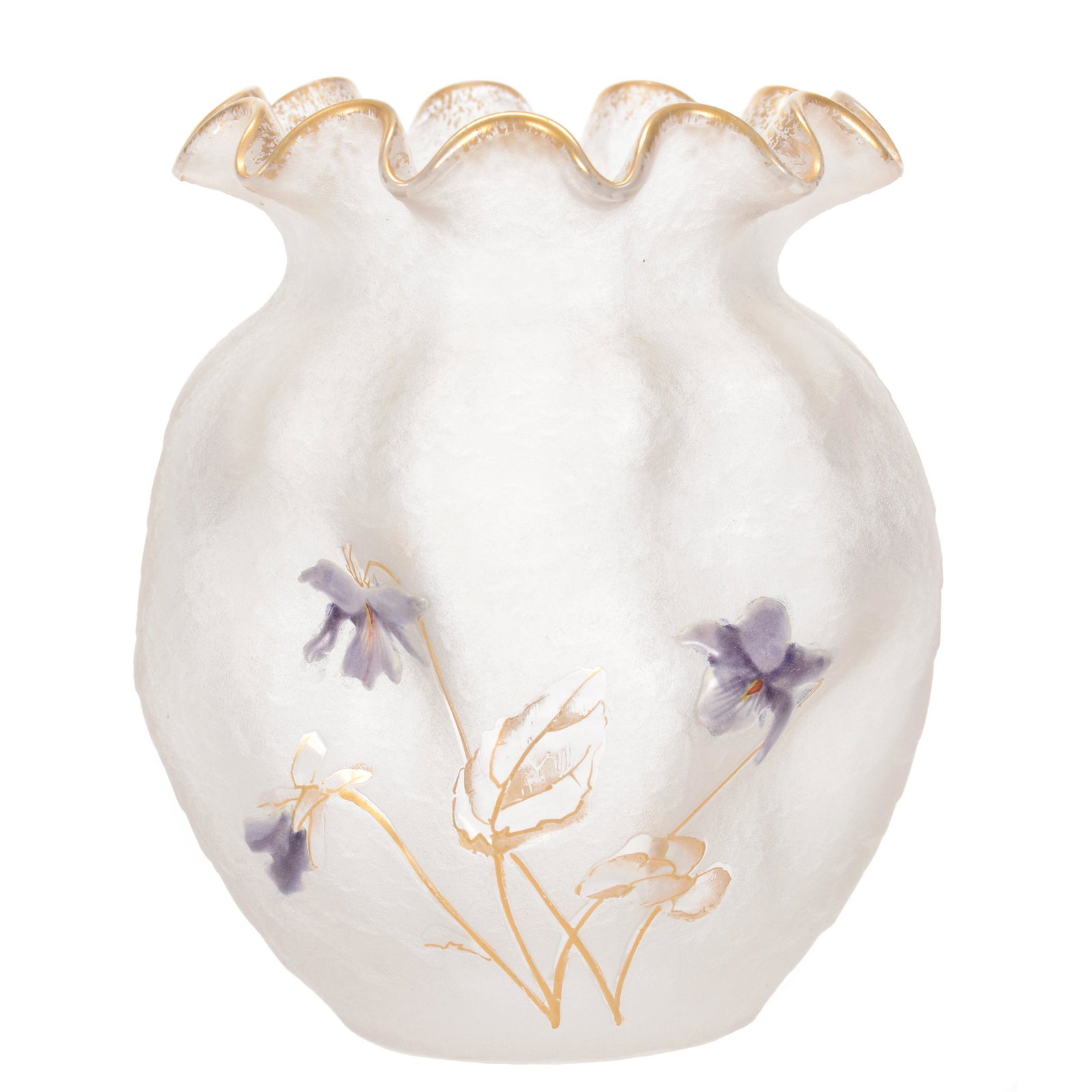 Vase, Unmarked Mt. Joye Art Glass: Vase, Unmarked Mt. Joye Art Glass, 4.75" x 4", Clear Acid Cut Background with Cameo Carved Violet Decor and Enamel Highlights, Ruffled Rim, John Lolley Estate, Monroe, LA. The majority of Mr. Lolley's